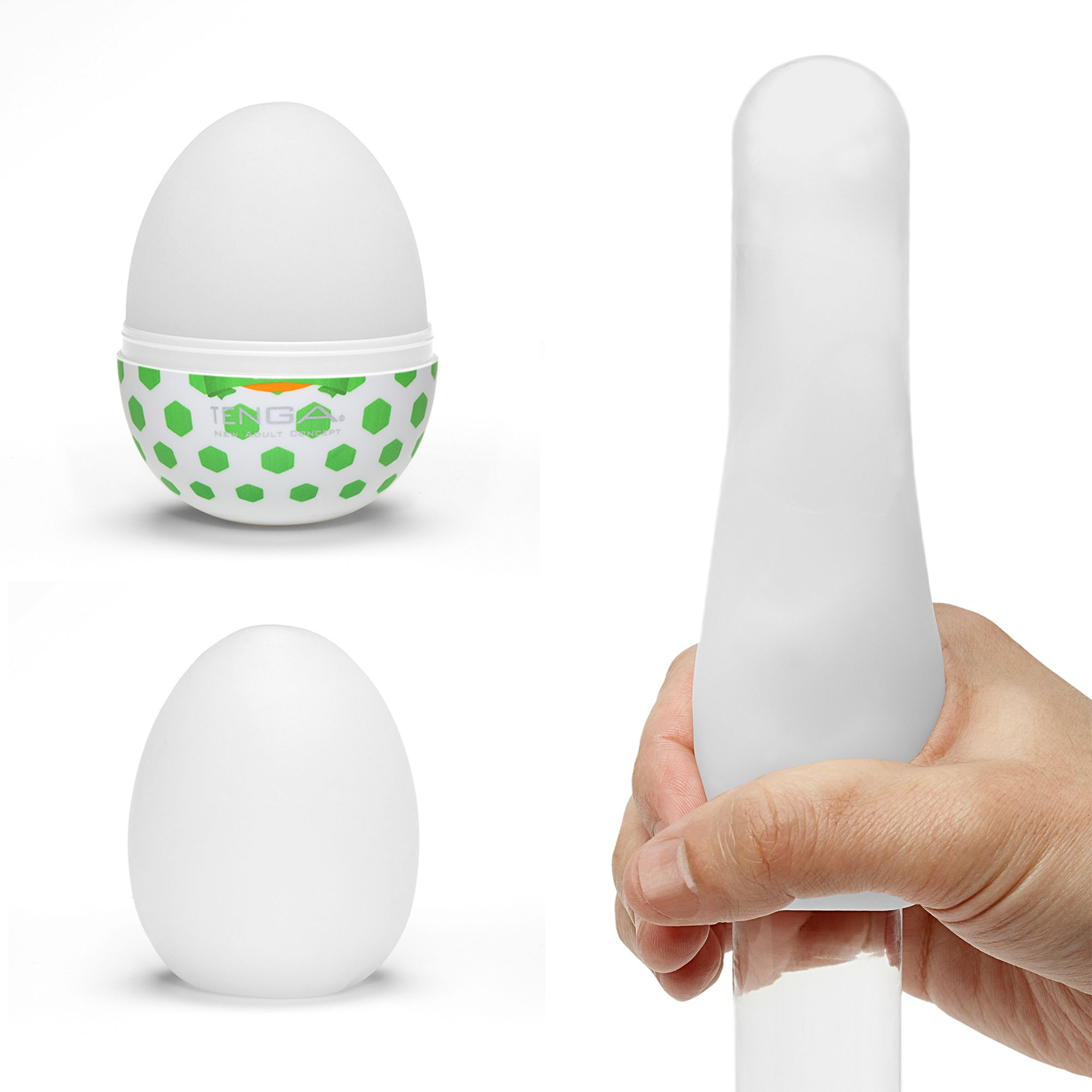 Tres huevos Tenga blancos, uno abierto mostrando interior verde y blanco.