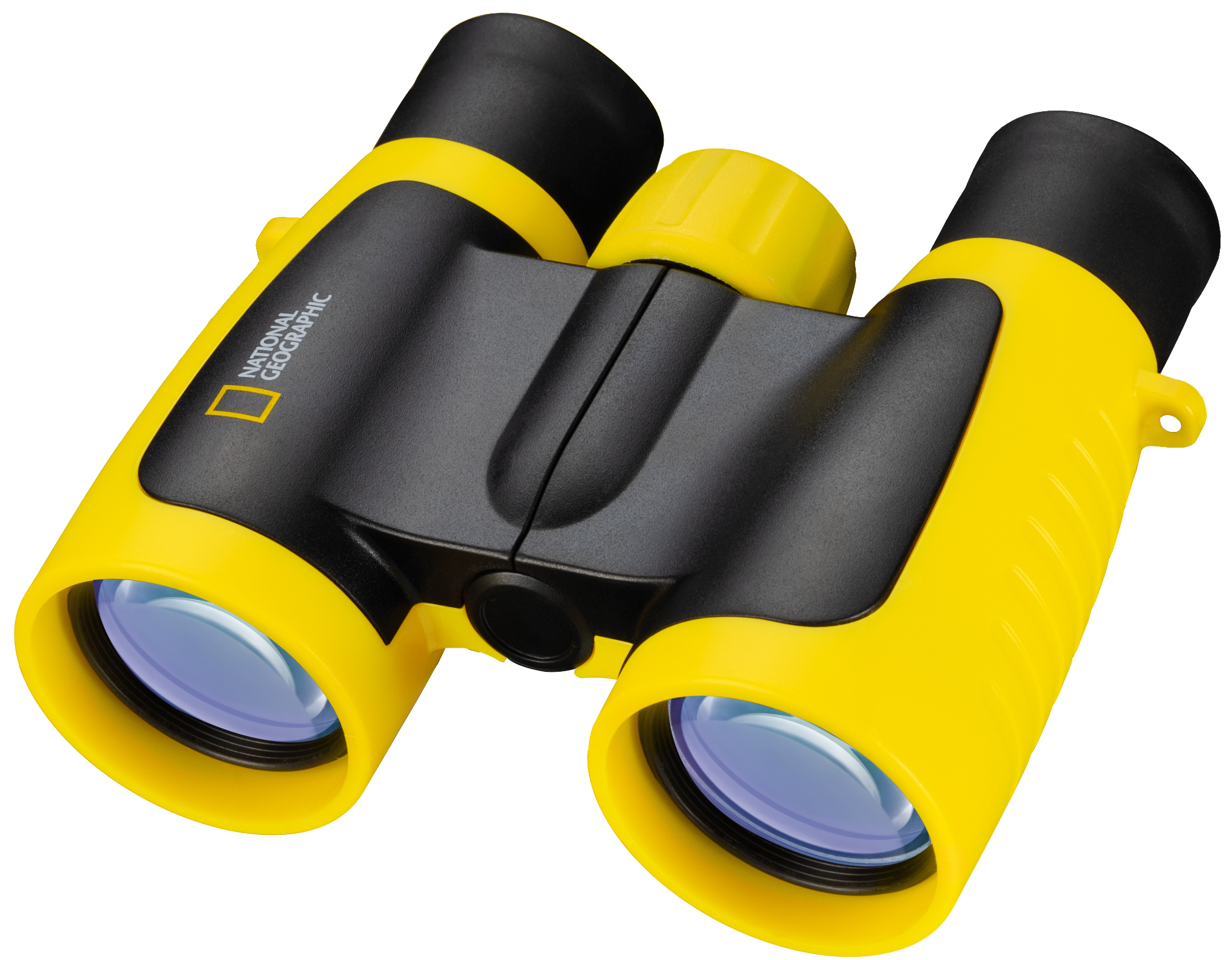 Prismáticos amarillos y negros con el logo de National Geographic. Lentes visibles.