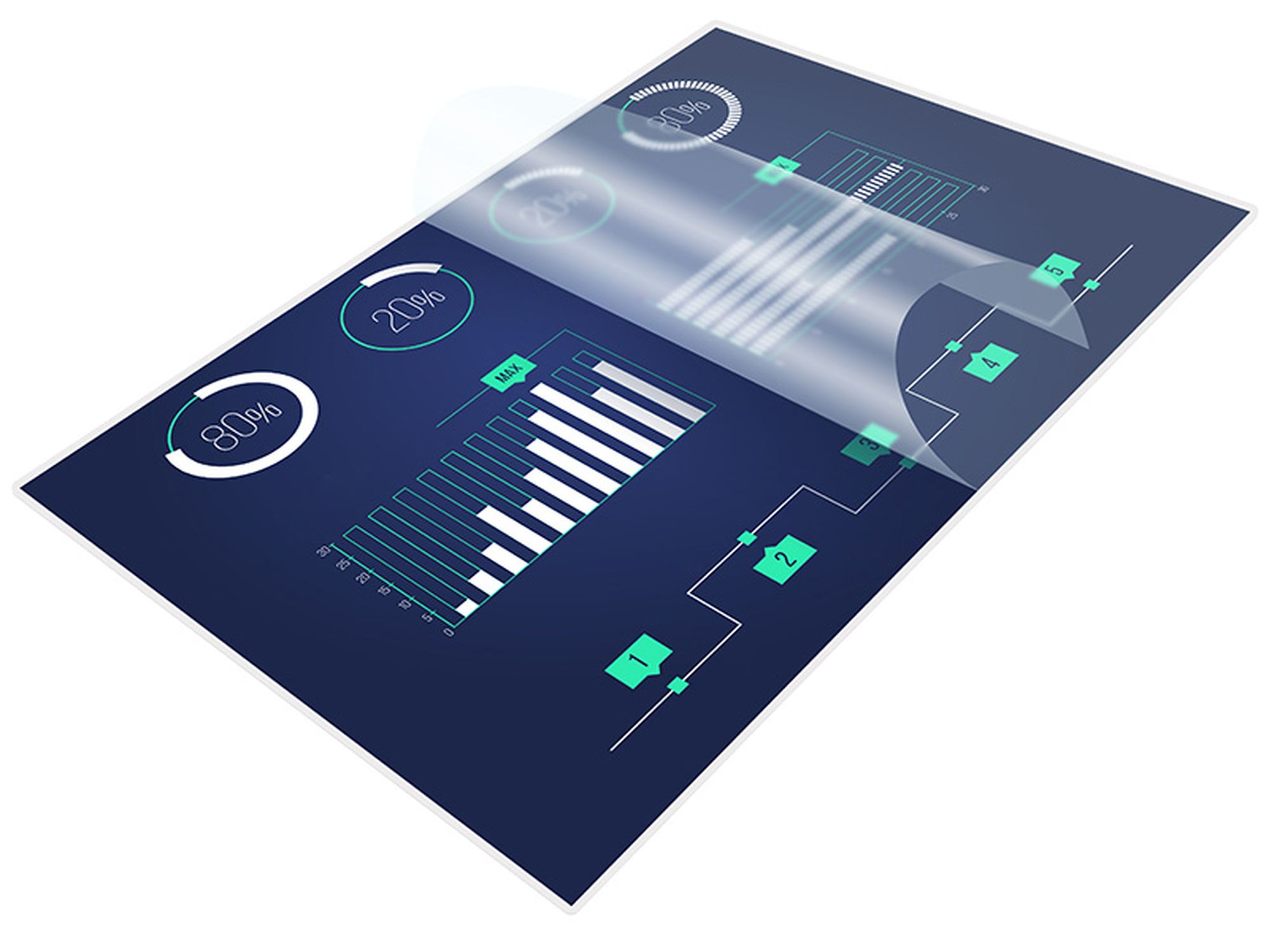 Transparente Folie auf einem Tablet-Bildschirm, zeigt Datenvisualisierungen. Blauer Hintergrund mit Diagrammen.