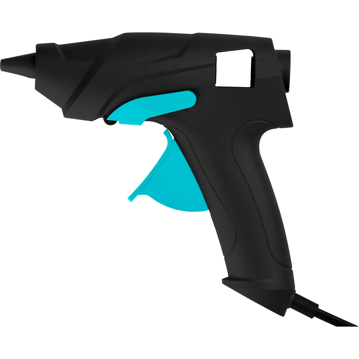 Eine schwarze Heißklebepistole mit blauem Auslöser und schwarzem Kabel auf weißem Hintergrund.