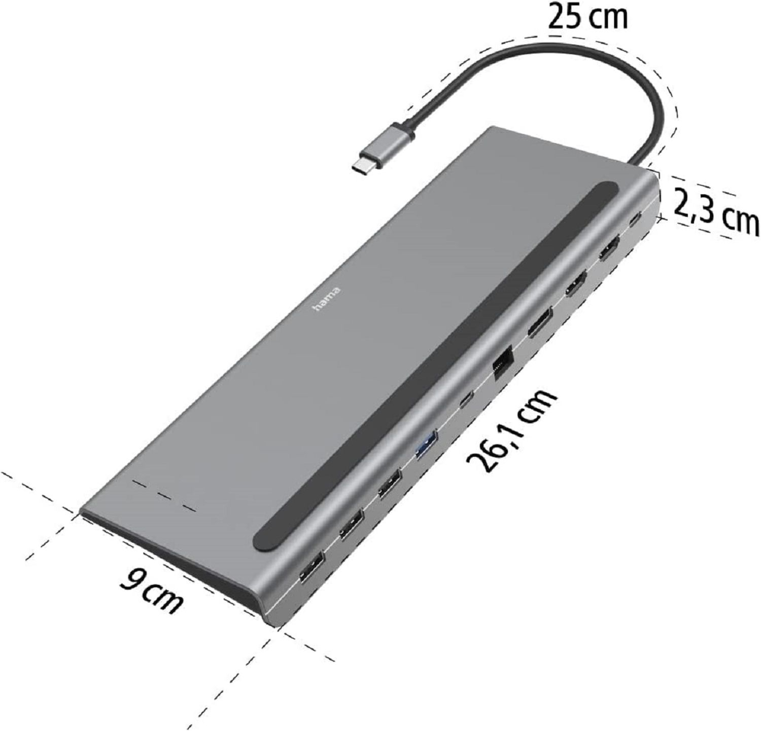 Szary hub USB-C z wieloma portami i wymiarami oznaczonymi w cm.