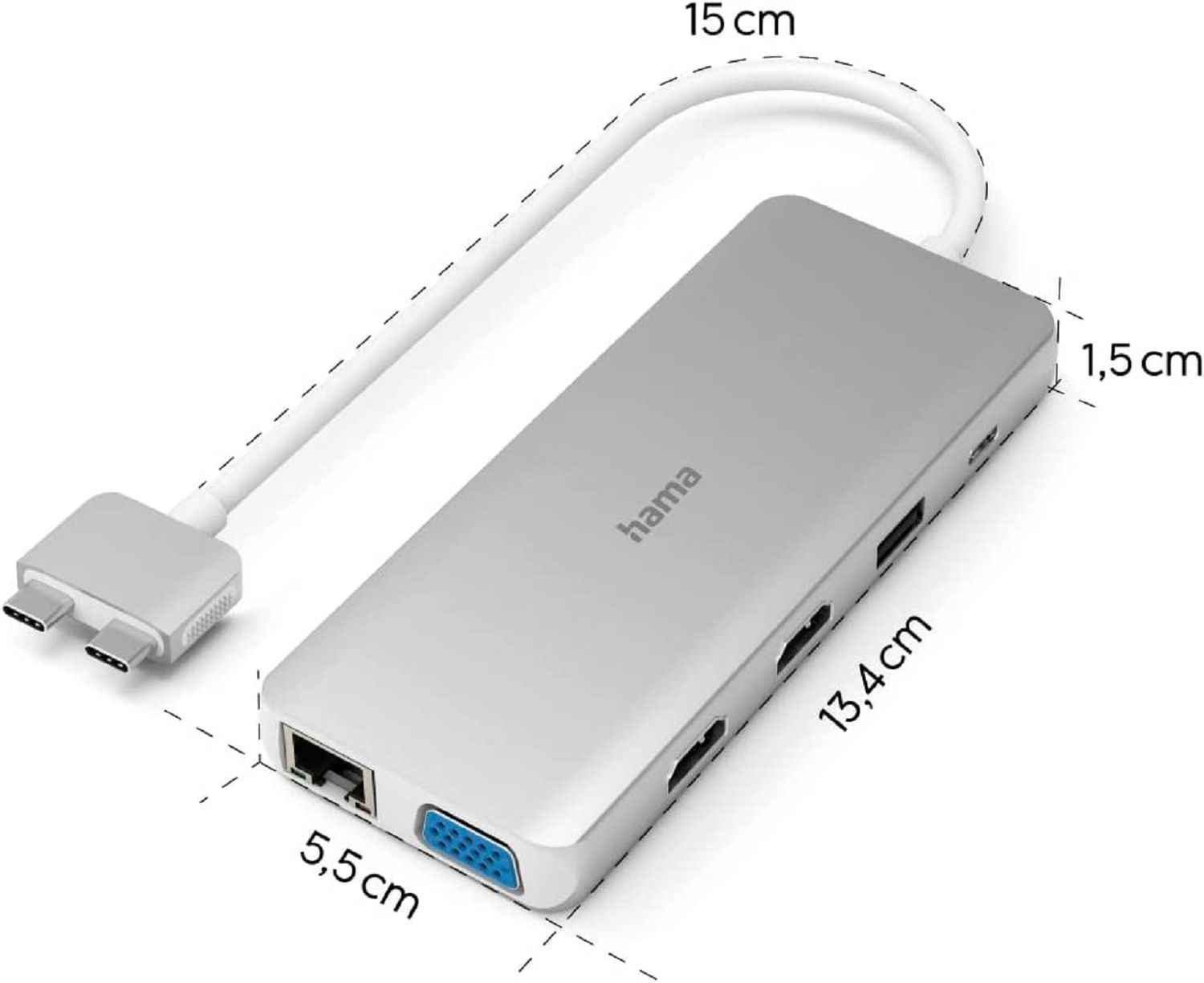 Srebrny hub USB-C z portami i oznaczonymi wymiarami. Posiada biały kabel i złącze USB-C.