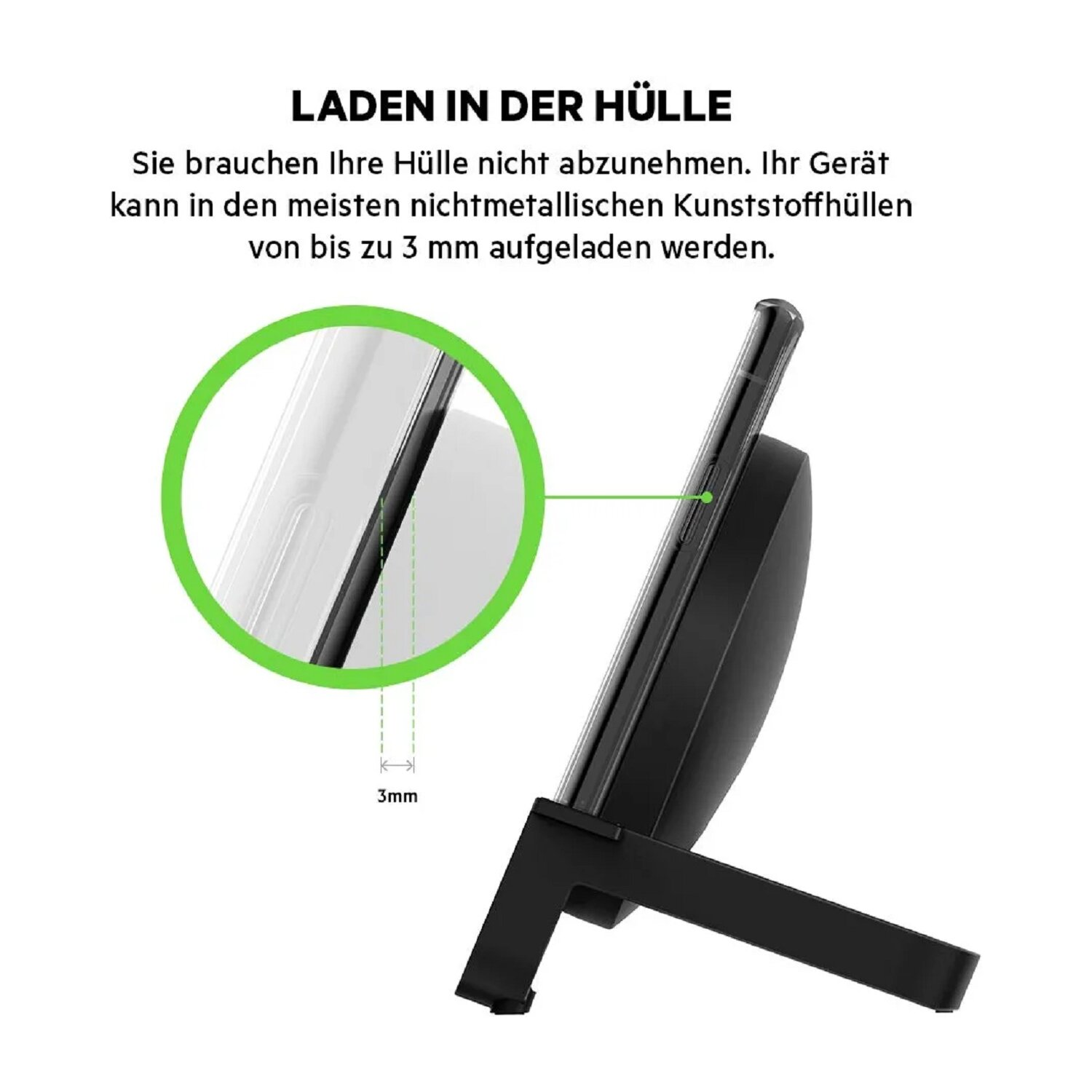 Telefon auf einer kabellosen Ladestation, mit grünem Kreis, der den Ladeabstand hervorhebt.