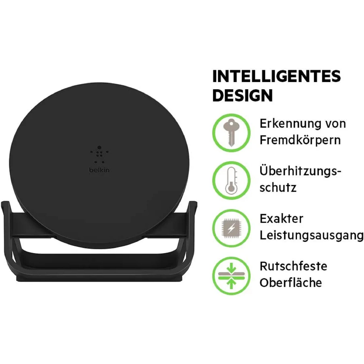 Schwarzes kabelloses Ladegerät mit Symbolen und Text auf weißem Hintergrund.
