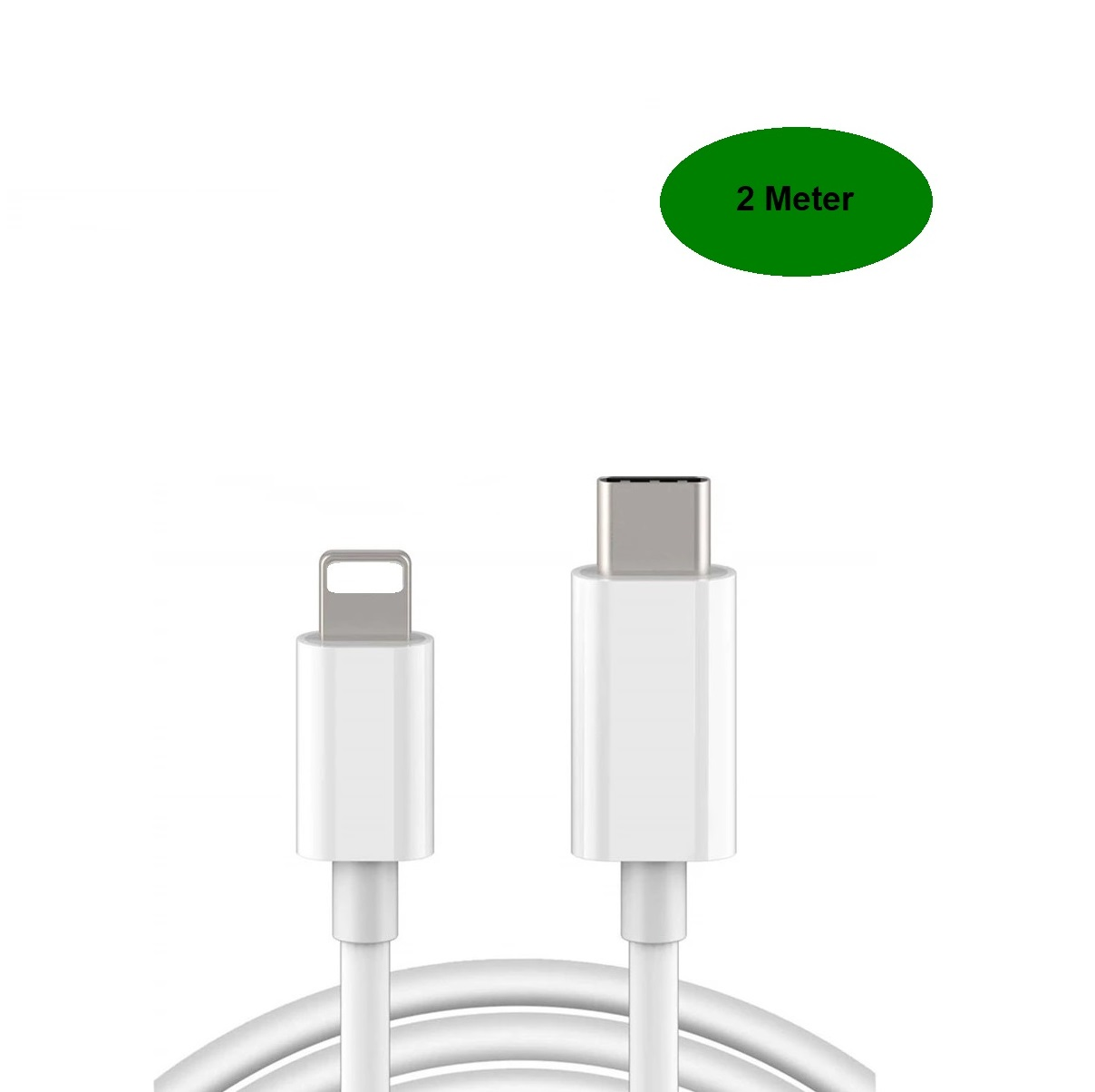 Weißes Ladekabel mit Lightning- und USB-C-Anschlüssen. Grünes Oval mit 2 Meter.