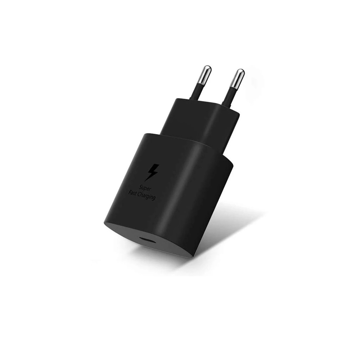 Ein schwarzes, rechteckiges Samsung-Telefonladegerät mit zwei silbernen Stiften.