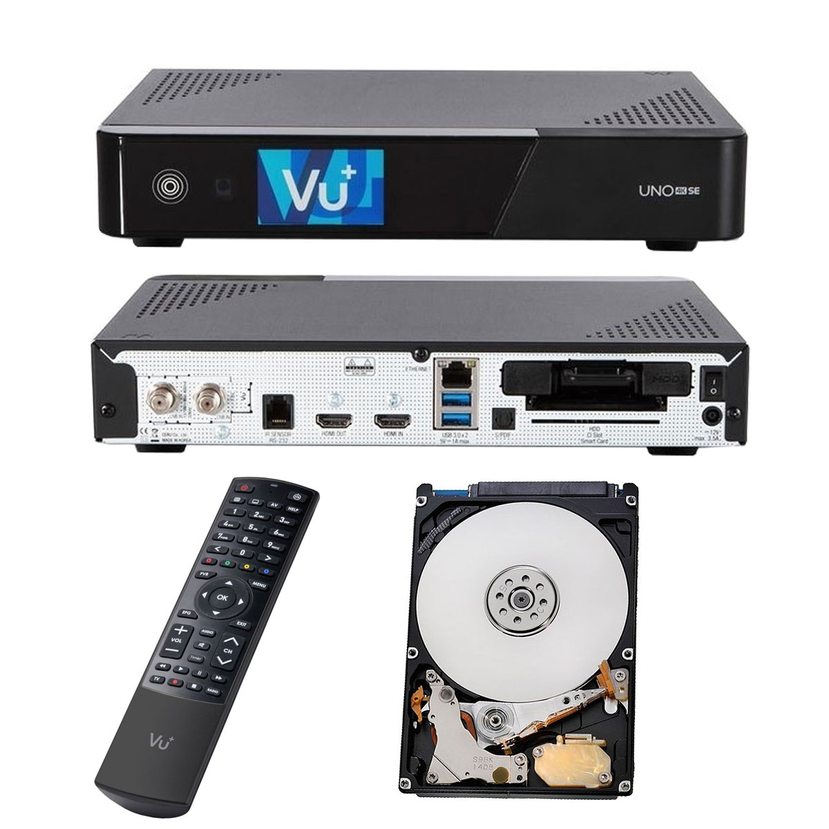 Digitaler Receiver, Fernbedienung und HDD mit Frontdisplay, Anschlüssen und Rückansicht.