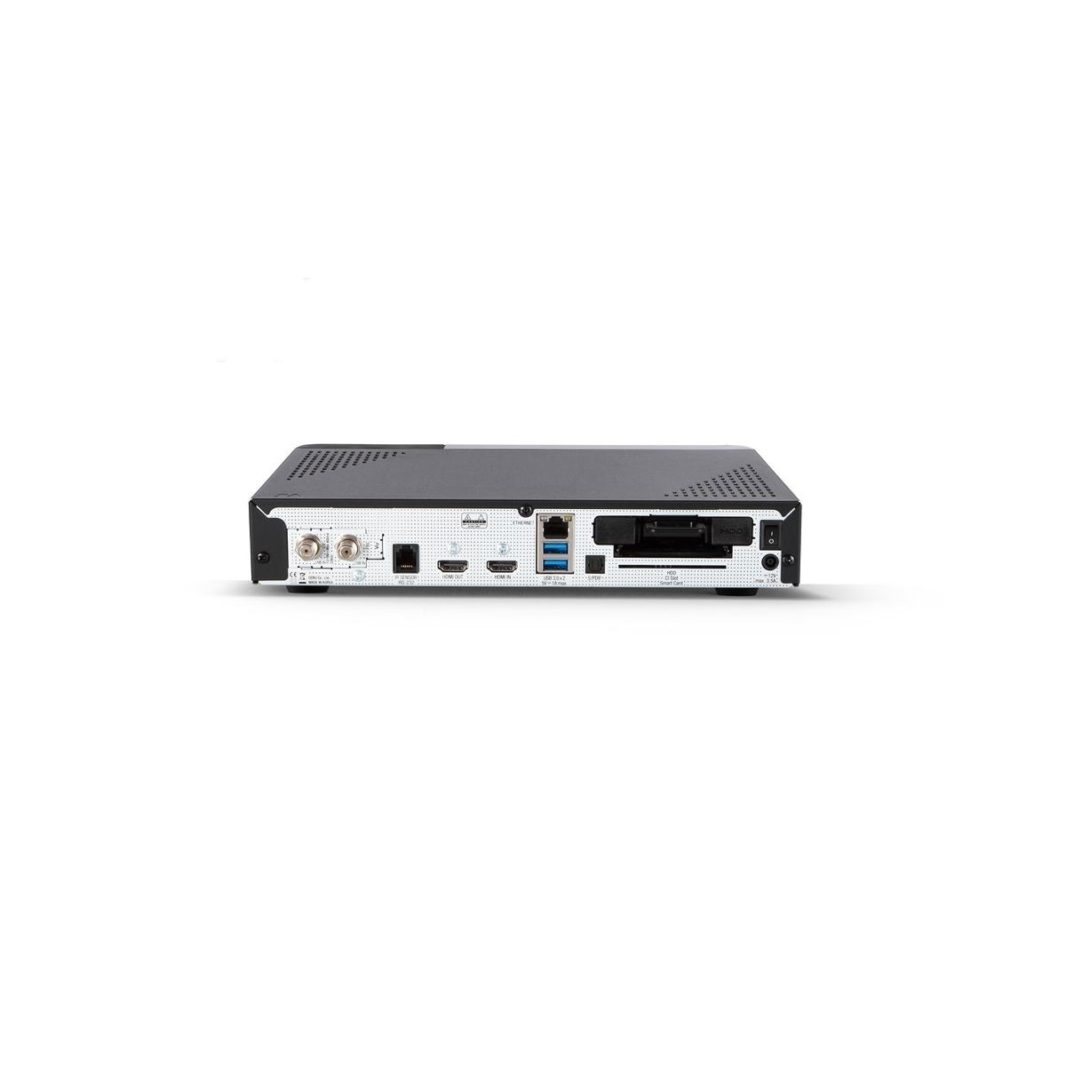 Schwarzer Media-Receiver mit verschiedenen Anschlüssen auf der Rückseite, vor weißem Hintergrund.
