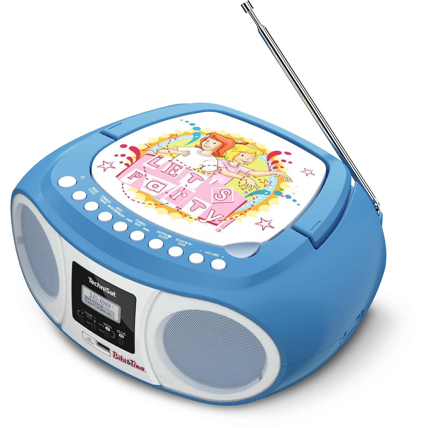Radio blu con lettore CD, display e antenna. Immagine cartoon sulla parte superiore.