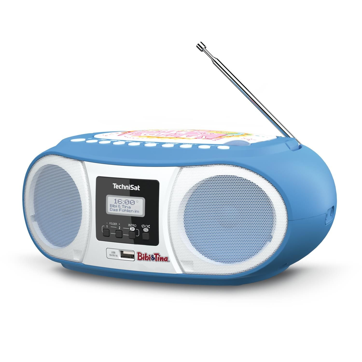 Una radio blu con altoparlanti bianchi e un display digitale che mostra l'ora e la stazione.