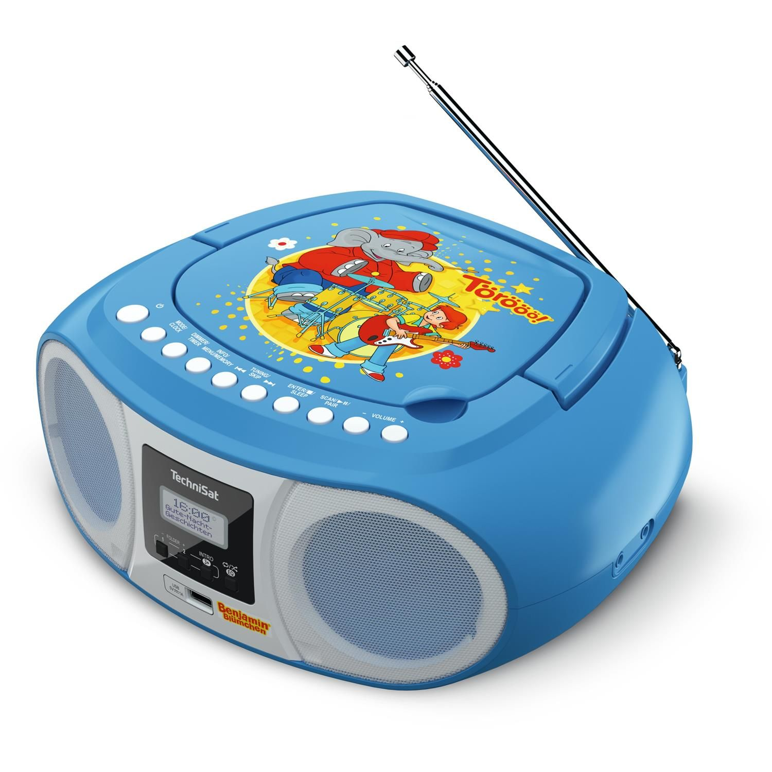 Blaues Technisat-Radio mit Cartoon-Elefant, mit digitaler Anzeige.
