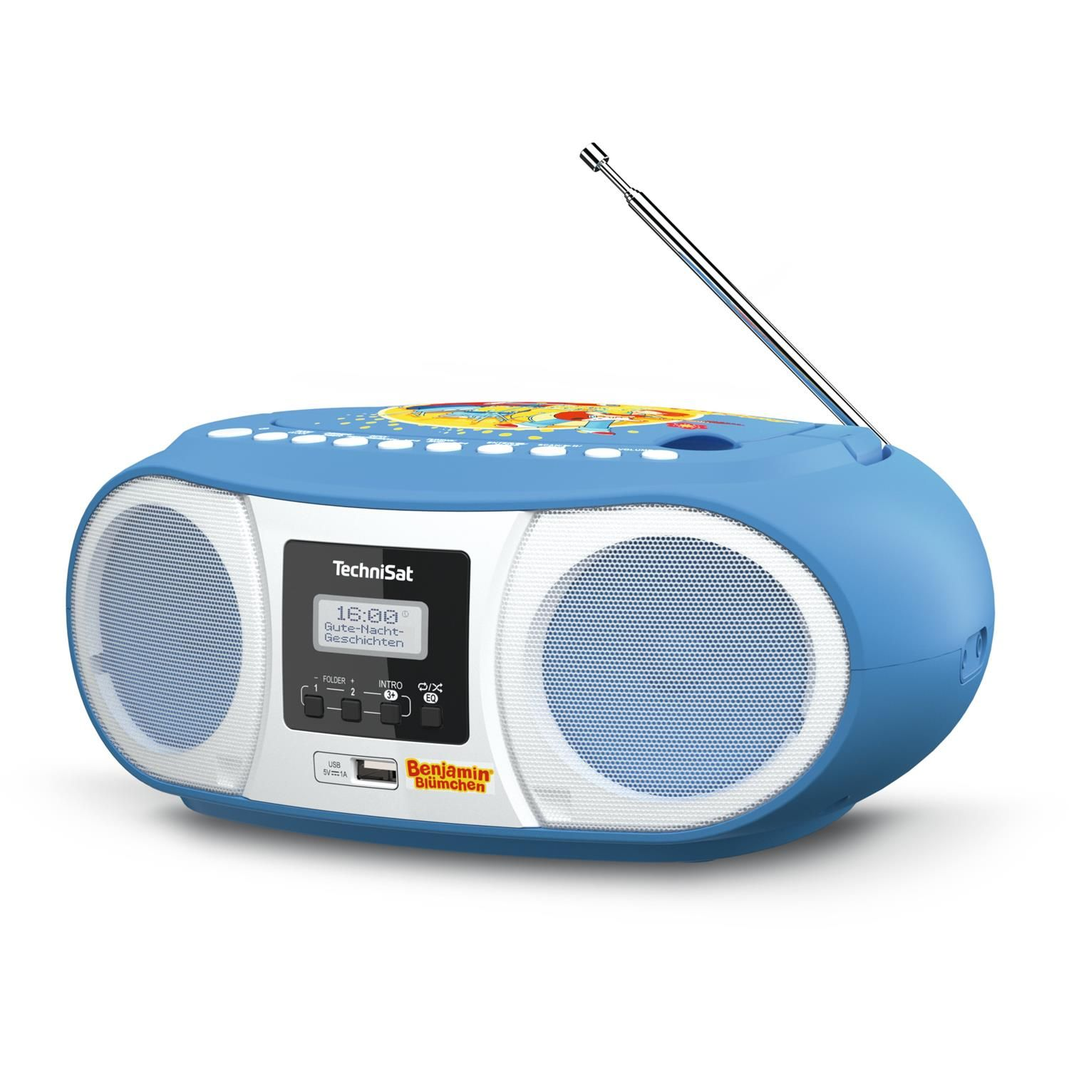 Blaues Radio mit weißen Lautsprechern und einem Benjamin Blümchen Design.