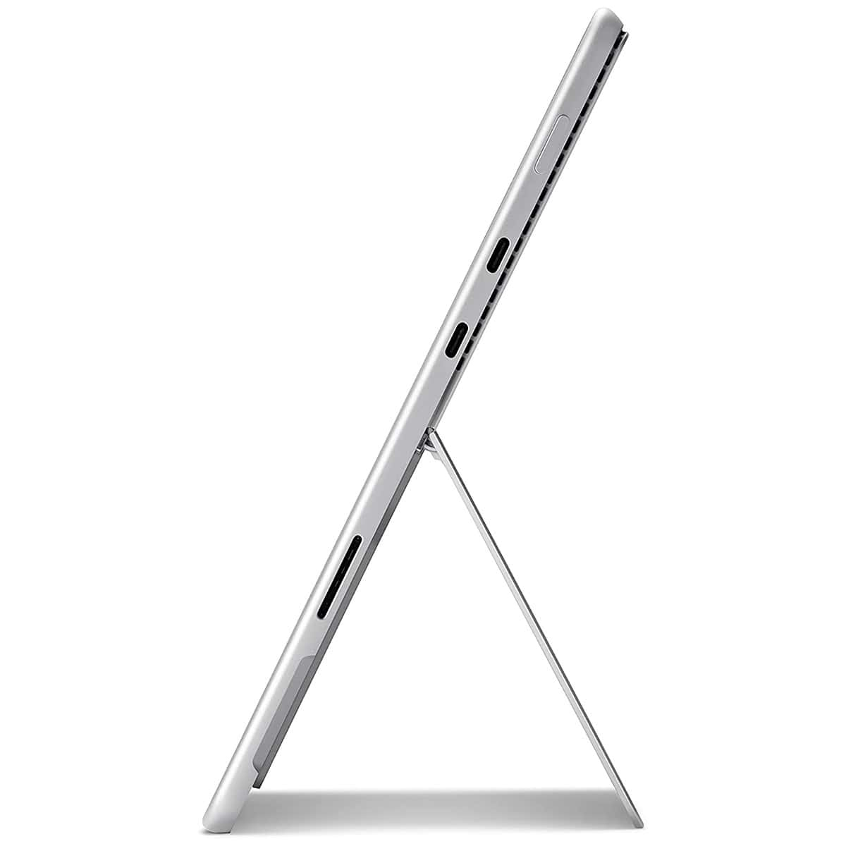 Silbernes Tablet, Seitenansicht, Bildschirm nach oben geneigt. Ständer ausgeklappt. Weißer Hintergrund.