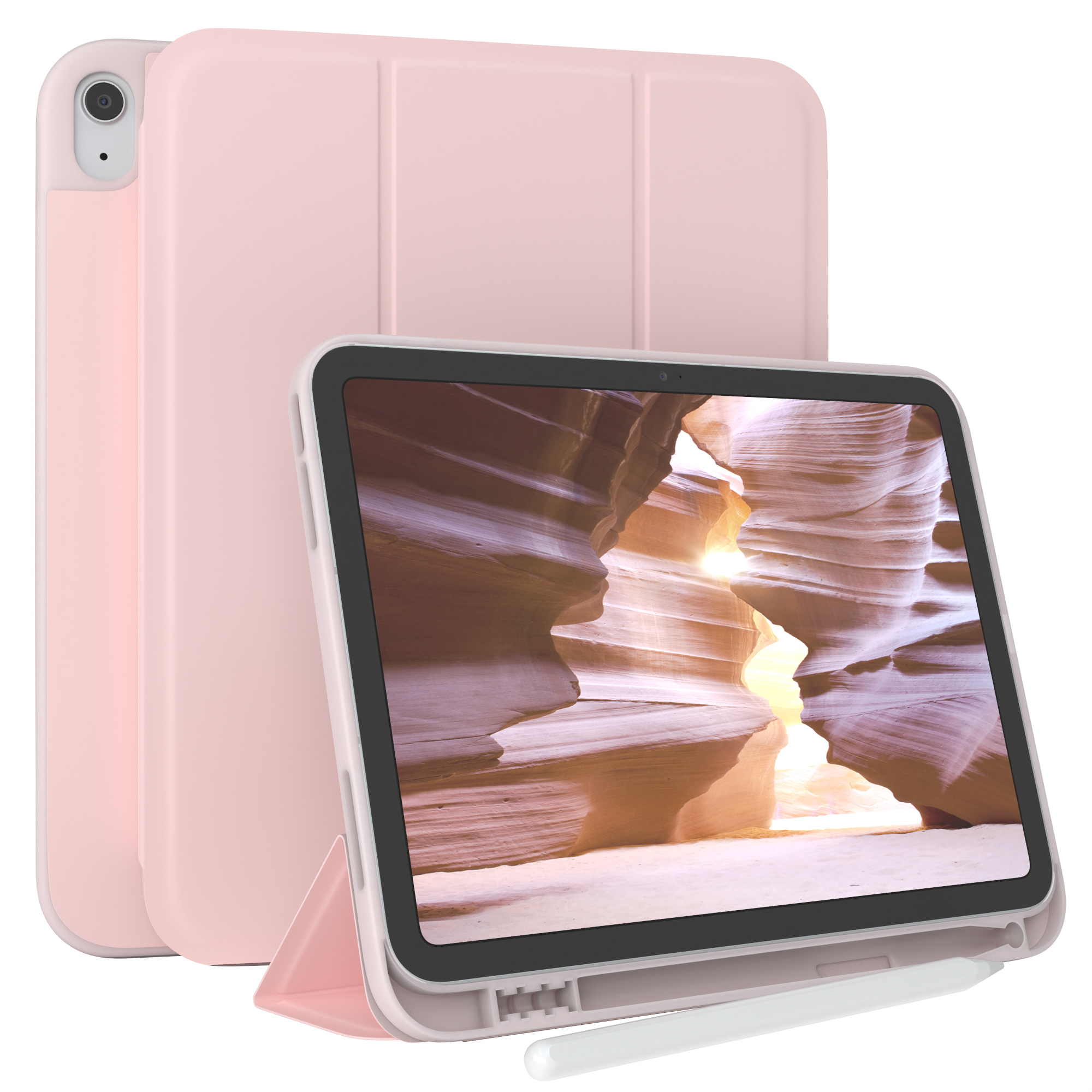 Rosa iPad-Hülle mit einem iPad darin und einem Stift.