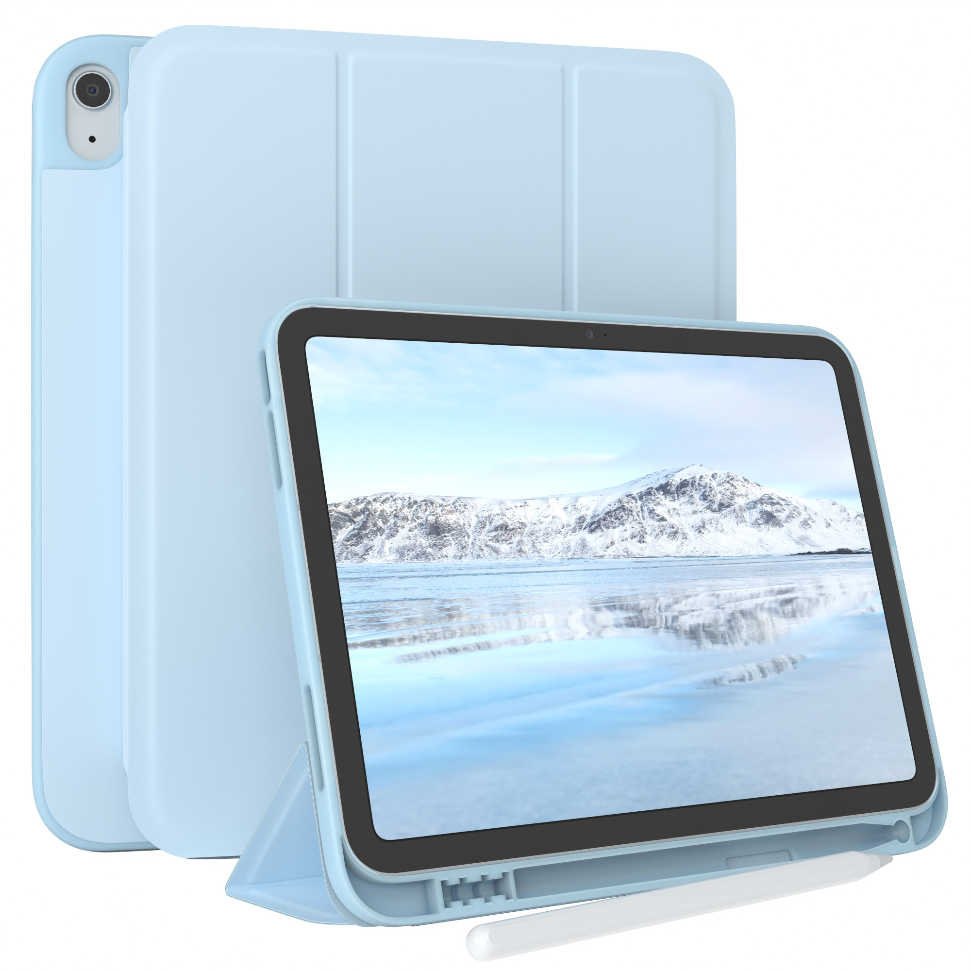 Eine blaue iPad-Hülle mit einem iPad darin und einem weißen Stift.