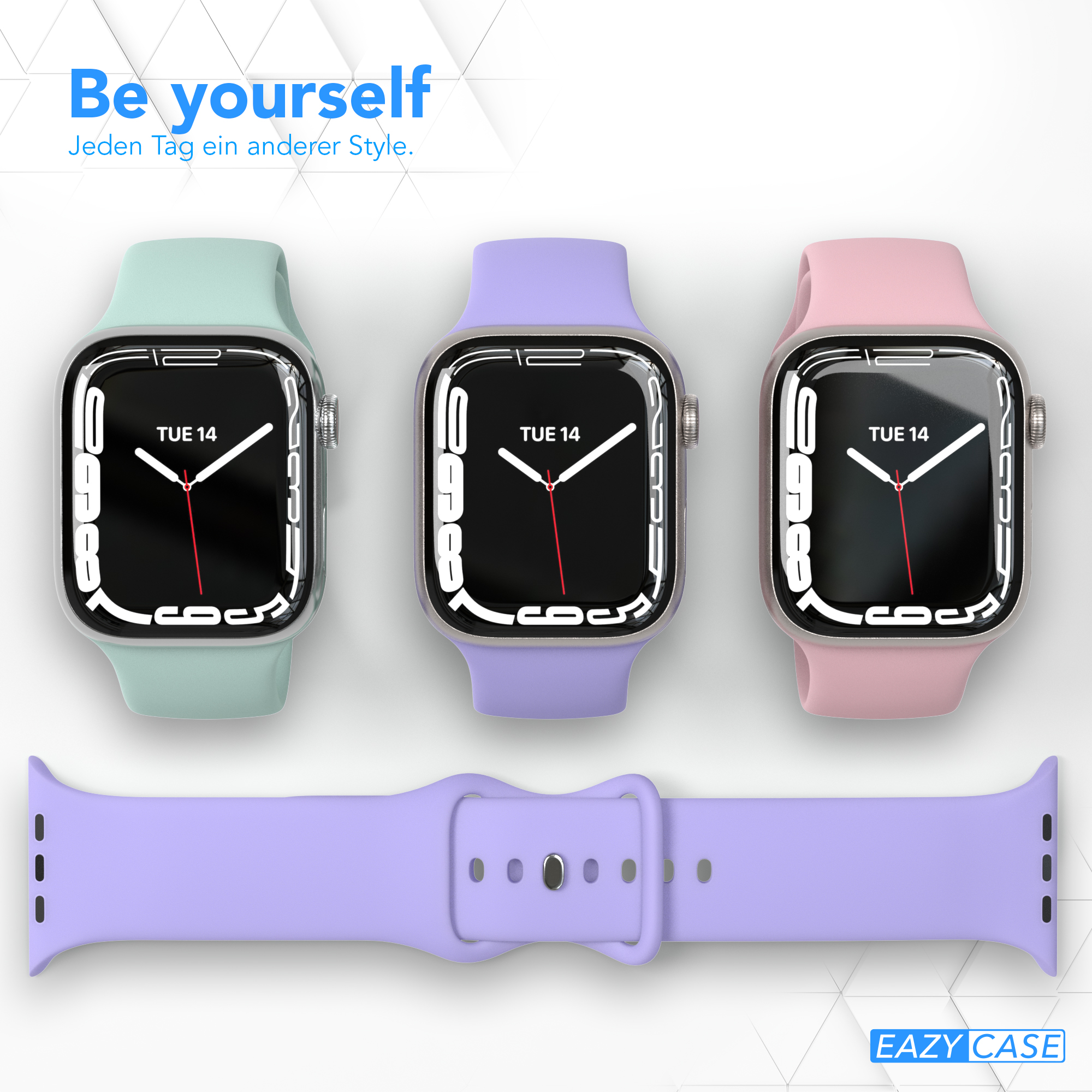 Drei Smartwatches mit verschiedenfarbigen Armbändern und das Armband liegend.