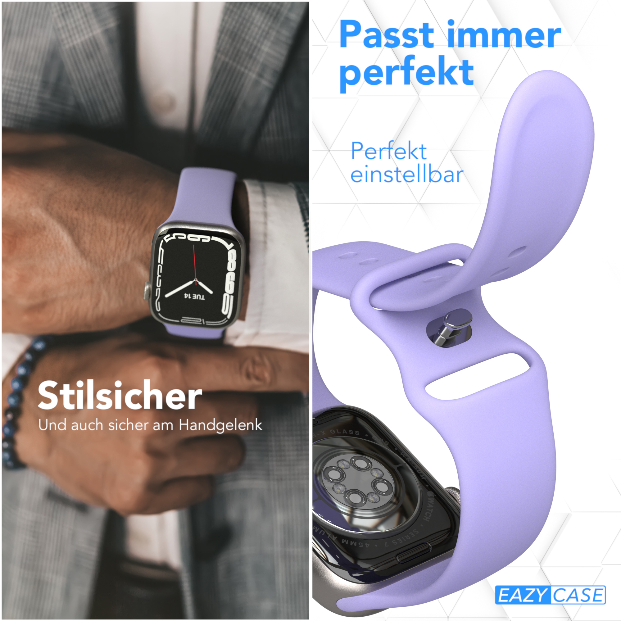 Zwei Bilder einer Person, die ein lila Uhrenarmband an einer silbernen Apple Watch trägt.