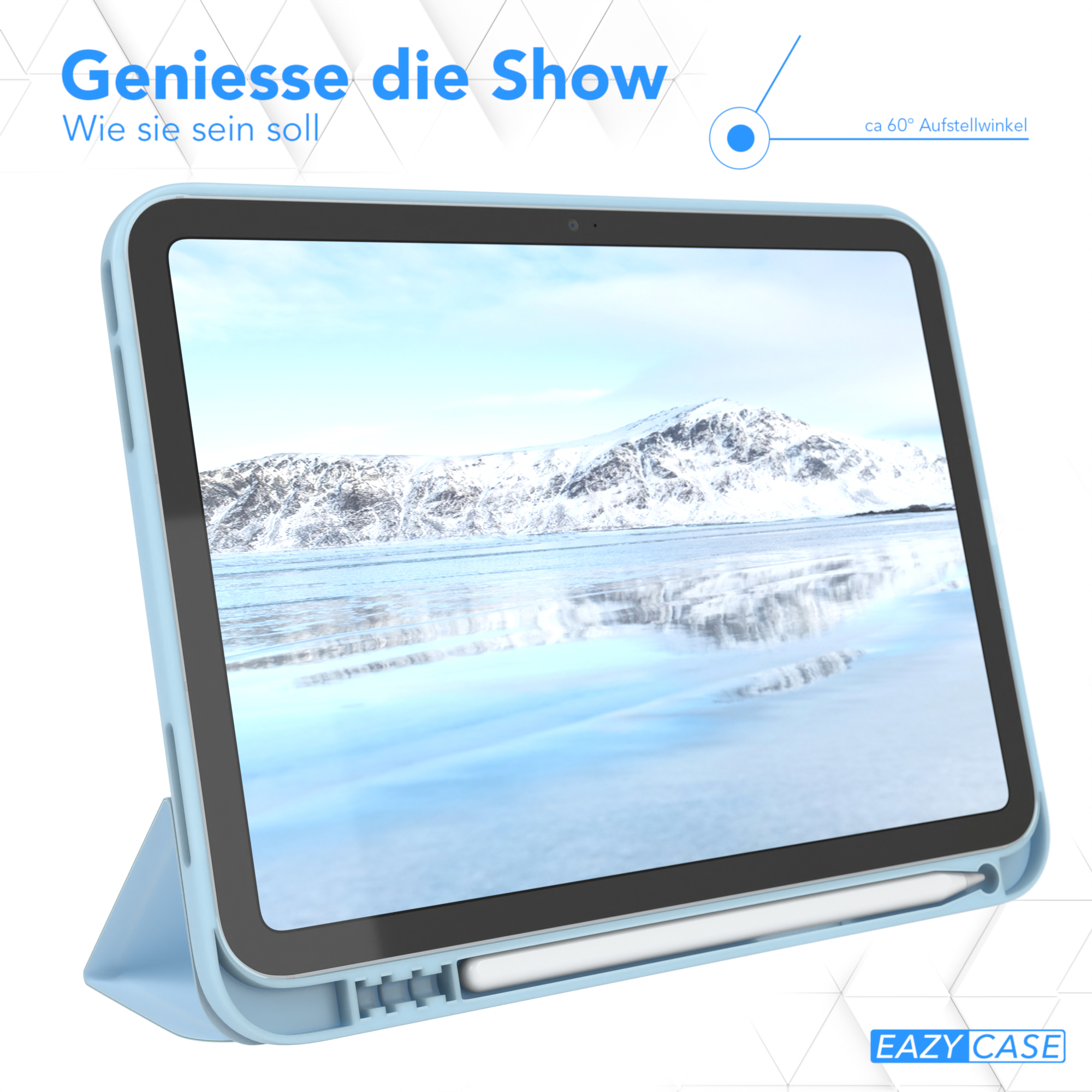 Ein blaues Tablet mit einer Berglandschaft auf dem Bildschirm. Es ist angewinkelt aufgestellt.