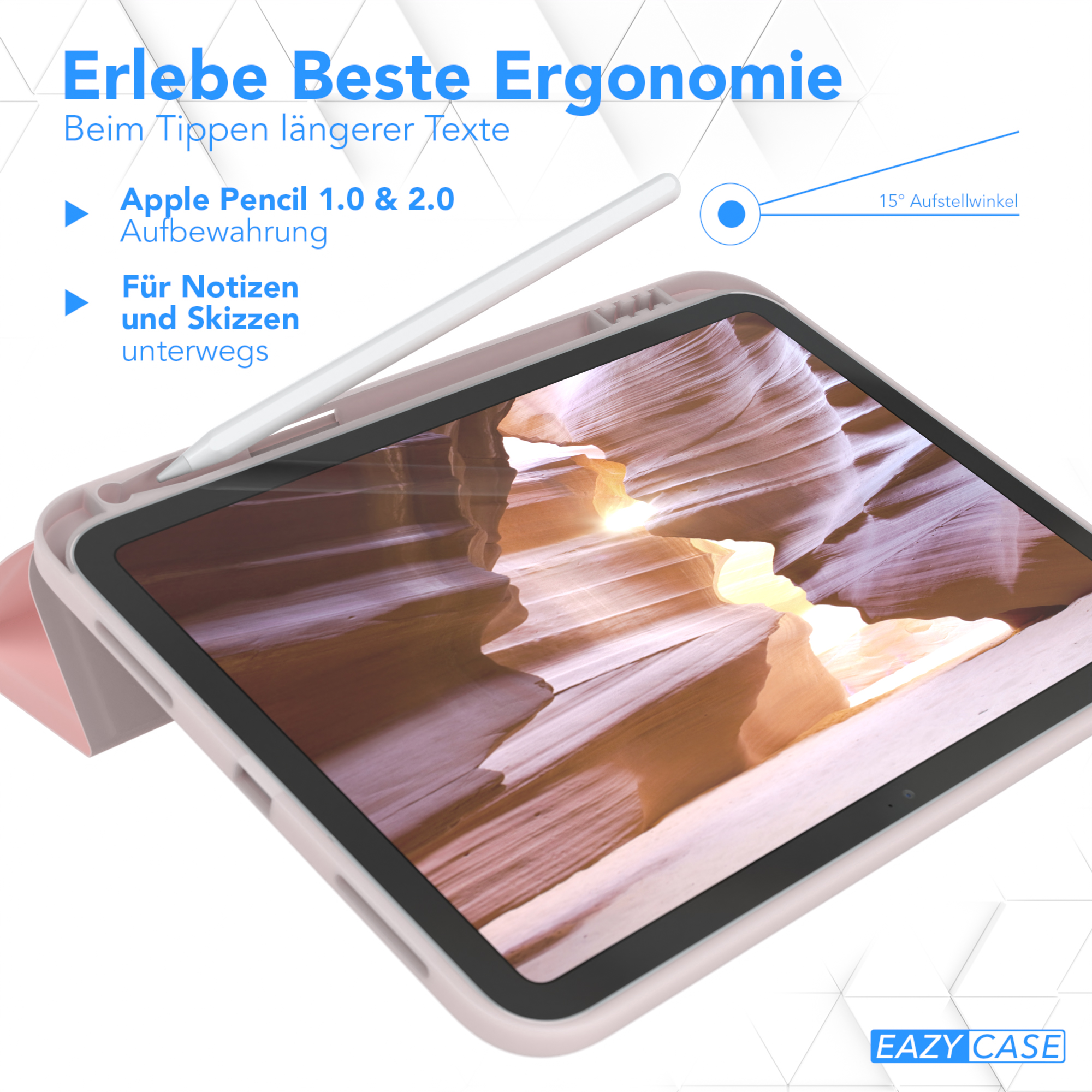 Tablet mit Stift und Hülle. Der Text lautet "Erlebe Beste Ergonomie" und "EAZY CASE".