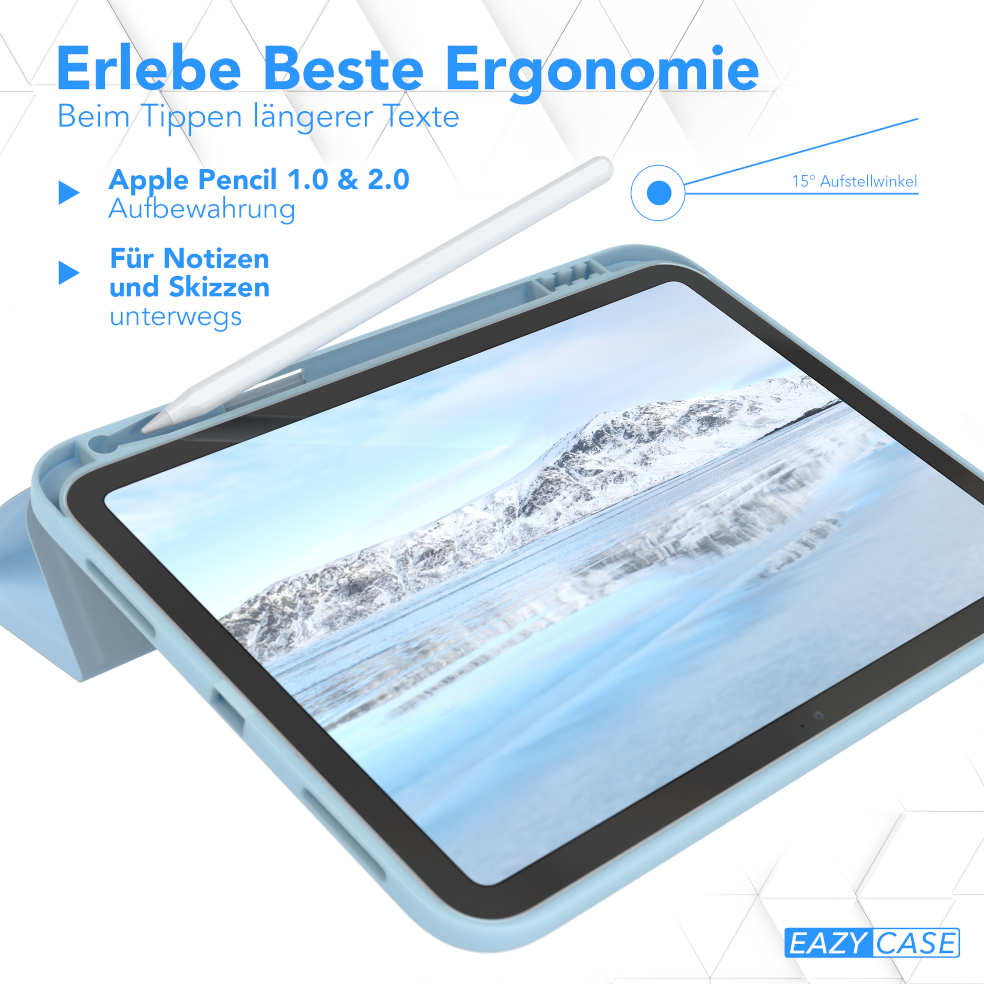 Blaues Tablet mit weißem Stift und Text auf blauem Hintergrund.