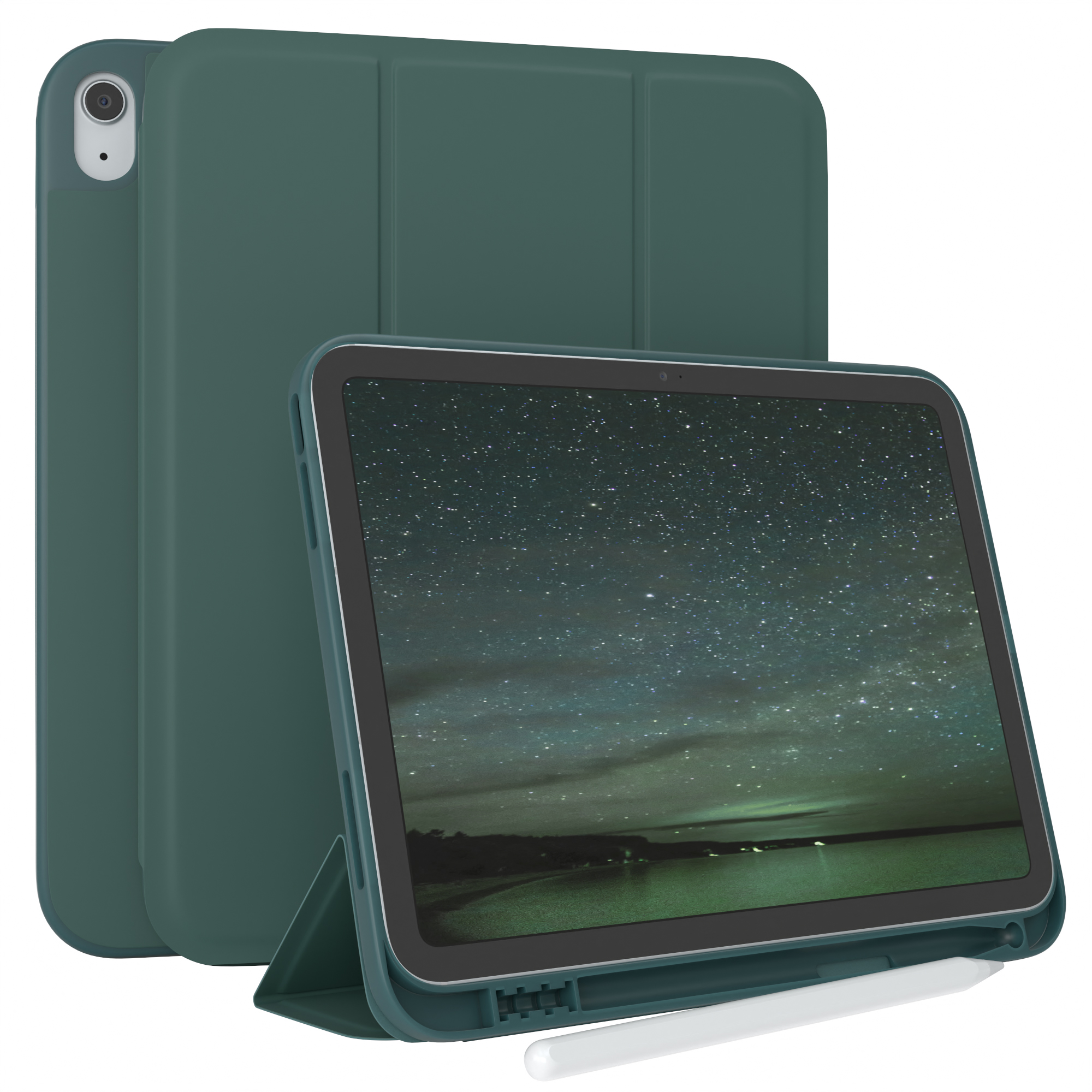 Grüne Tablet-Hülle mit einem Tablet darin. Das Tablet zeigt ein Nachthimmelbild. Weißer Hintergrund.