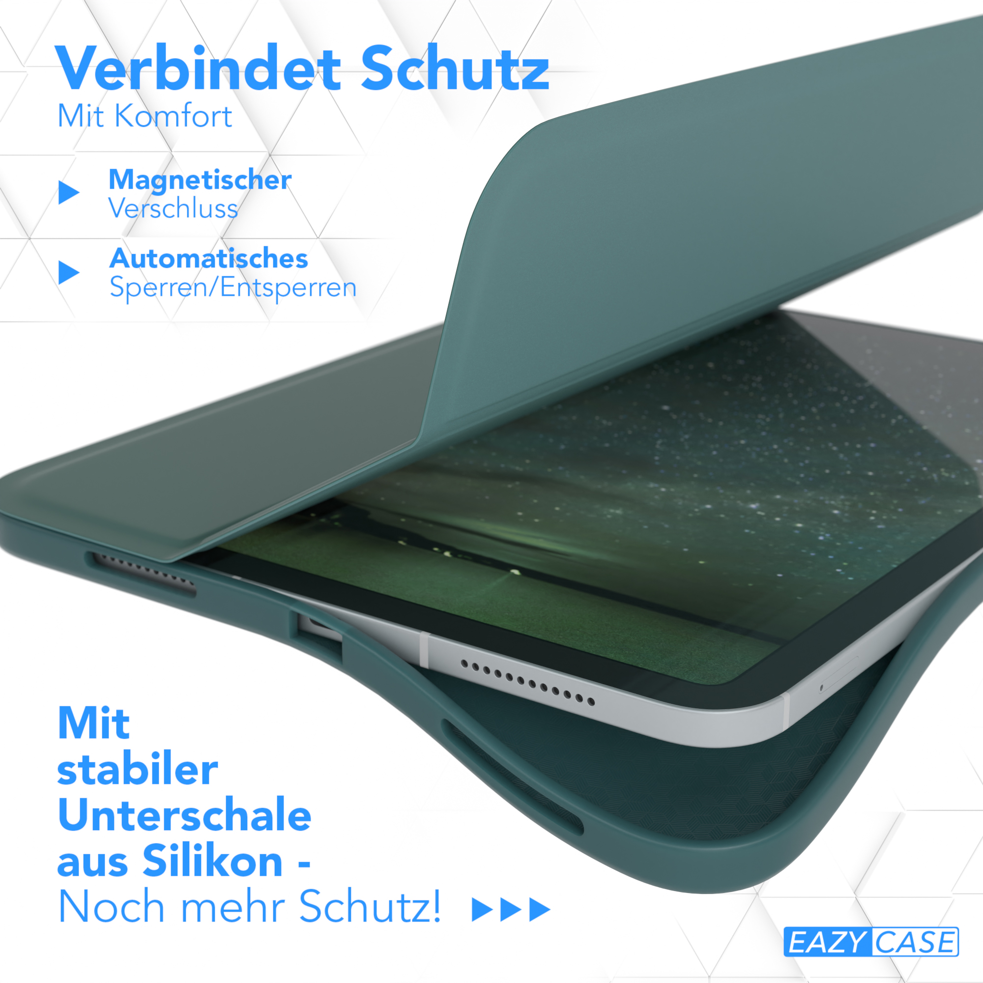 Tablet in teal Hülle, offen und zeigt den Bildschirm, mit Text auf Deutsch.