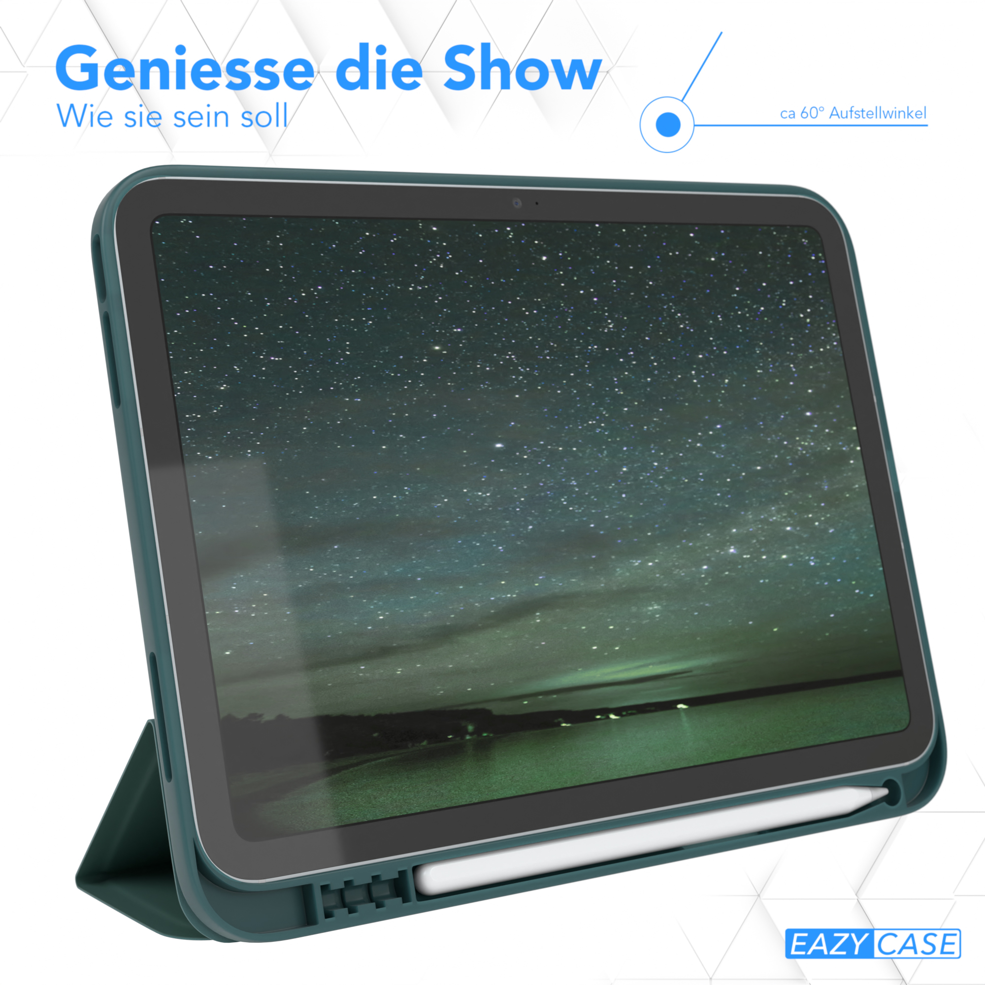 Tablet in dunkelgrüner Hülle, zeigt eine Waldszene. Stylus enthalten, weißer Hintergrund.