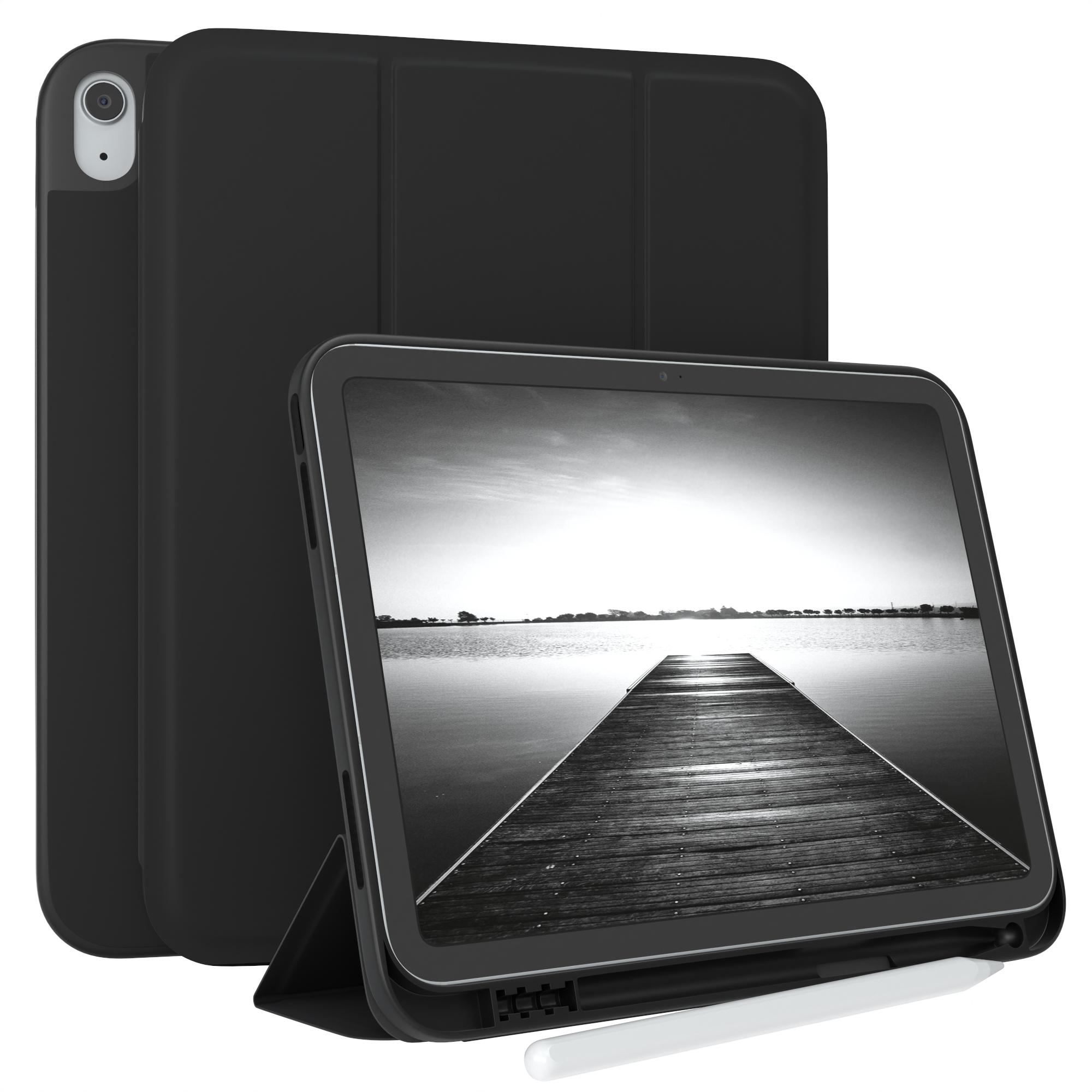 Schwarzes Tablet mit schwarzem Cover und weißem Stift. Der Bildschirm zeigt eine Seeszene.