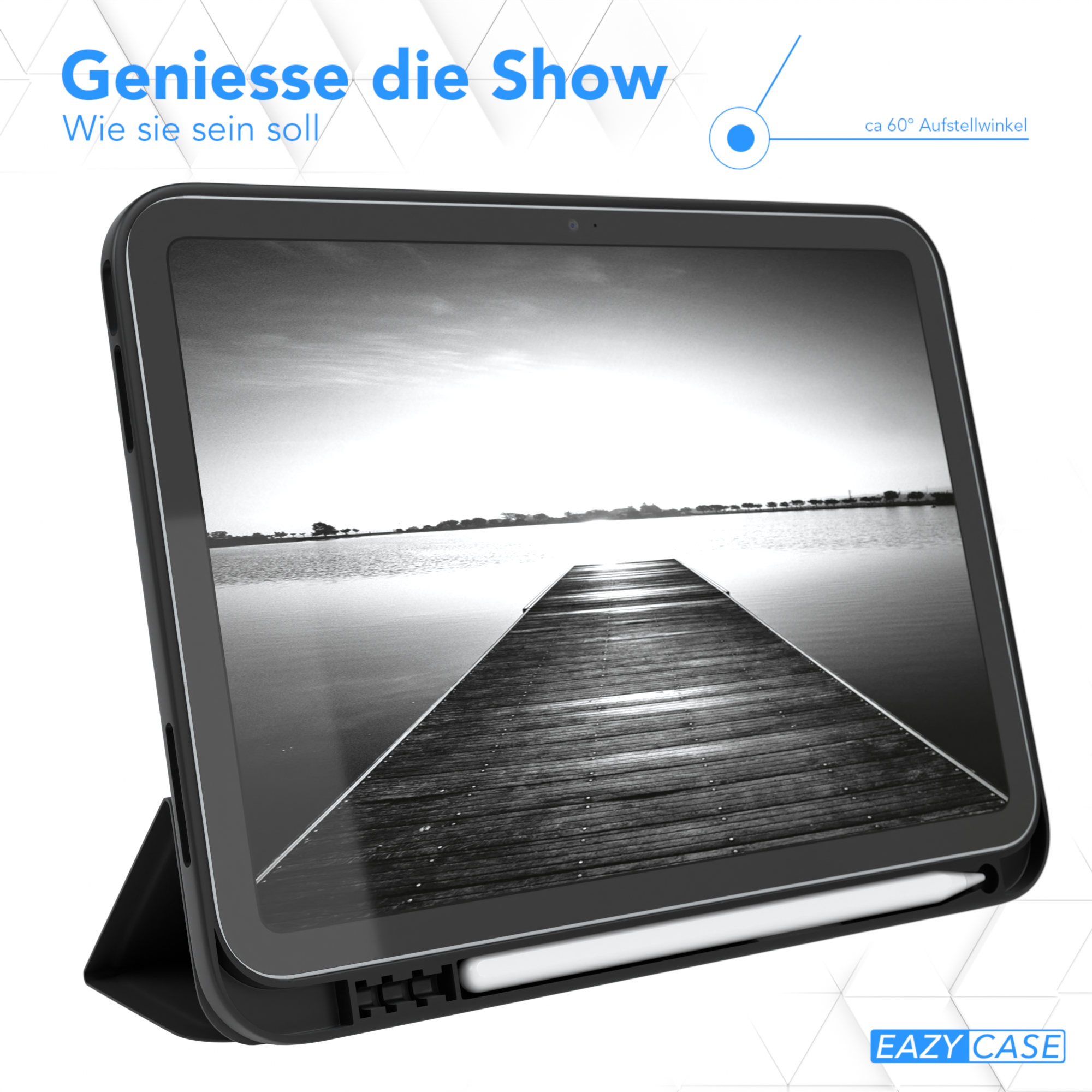 Ein Tablet in schwarzem Gehäuse, aufgestellt. Ein Dock und ein Stift sind vorhanden.