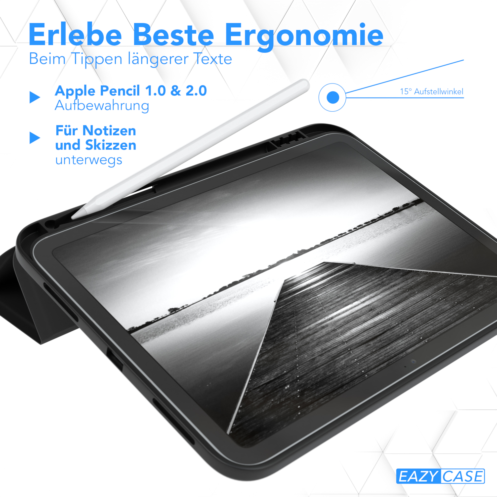 Ein Tablet mit Stift, Text und blauem Hintergrund.