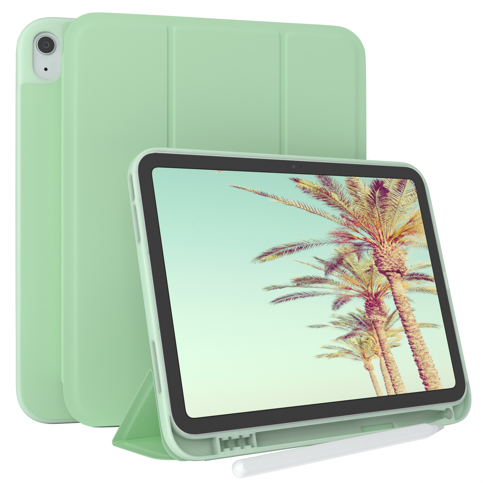 Grünes Tablet mit Hülle, Bildschirm zeigt Palmen. Ein weißer Stift ist vorne.