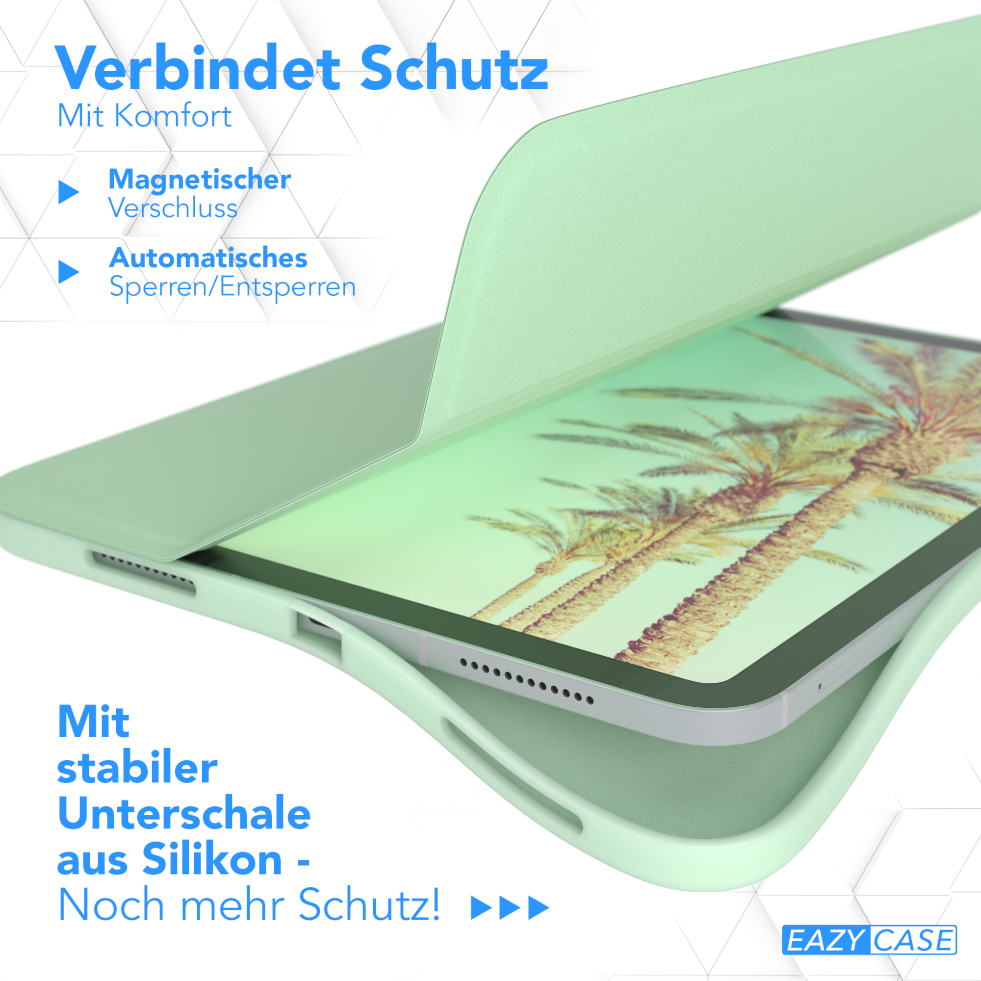 Grüne Tablethülle mit einem Tablet darin und Textüberlagerung.