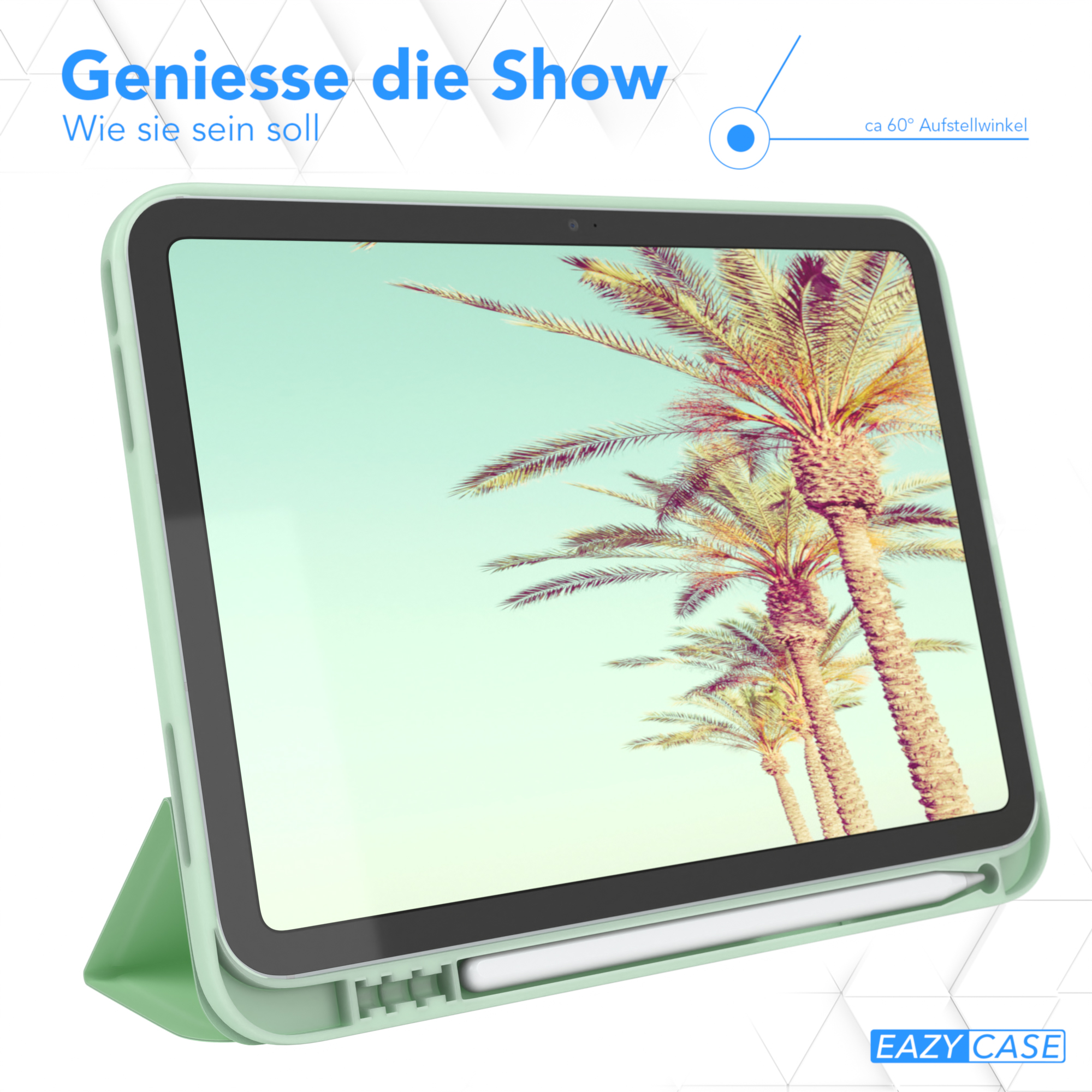 Tablet in grüner Hülle, Palmen im Hintergrund. Text: 'Genieße die Show'.