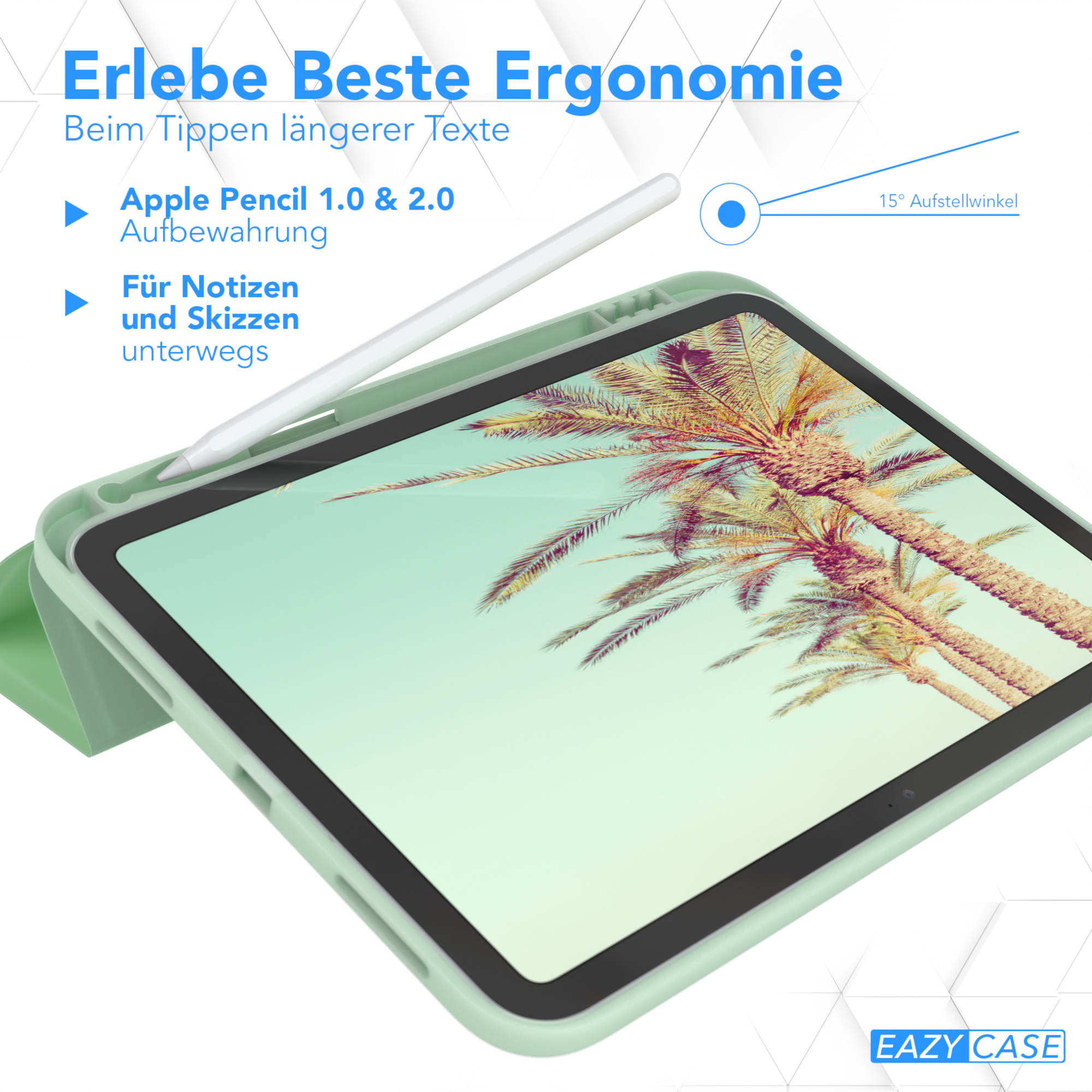 Ein iPad mit Hülle, ein Stift und Text über Ergonomie und Notizen auf weißer Oberfläche.
