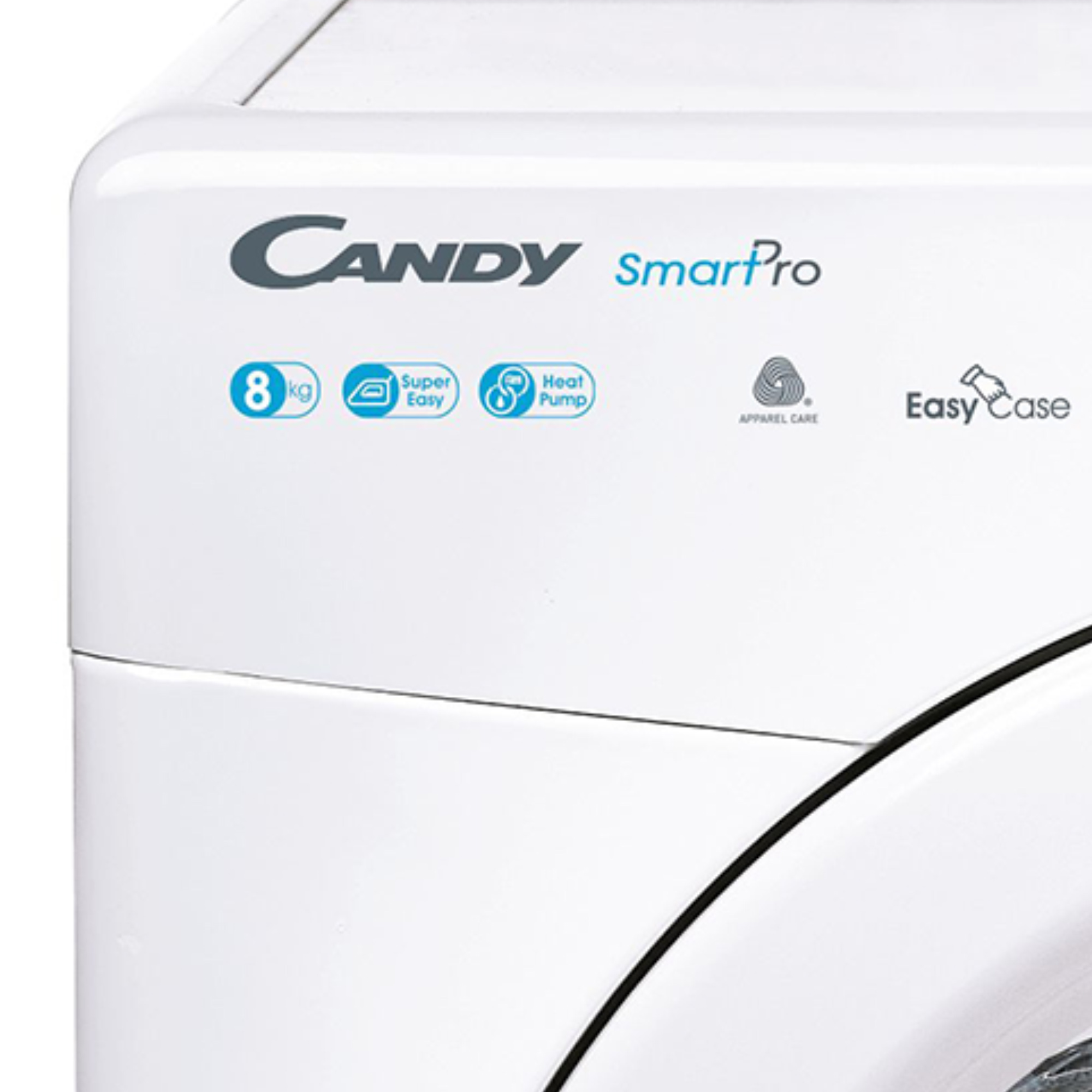 Biała pralka. Pokazuje logo 'Candy SmartPro', ikony funkcji, pojemność 8 kg.