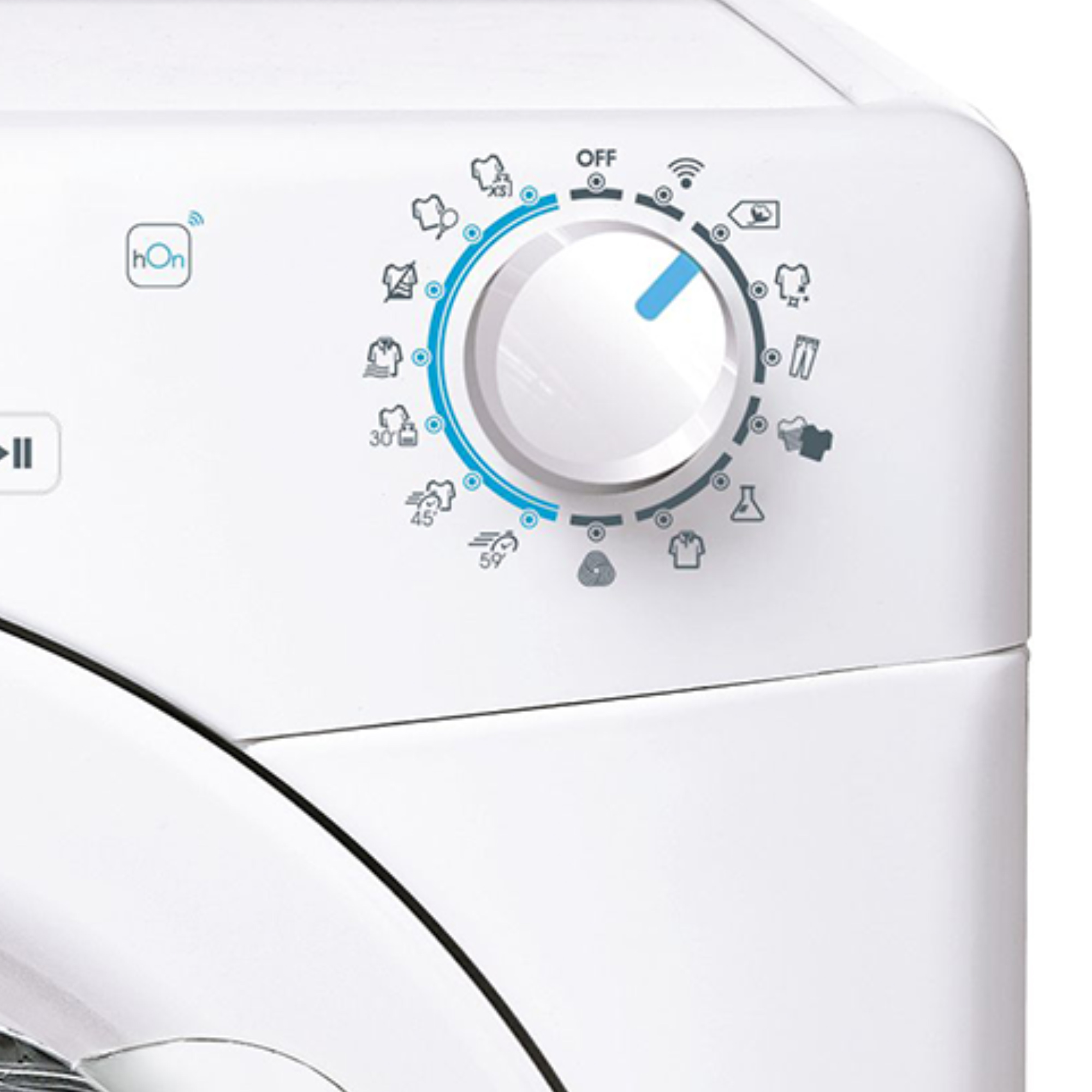Zbliżenie białego panelu sterowania pralki z okrągłym pokrętłem i ikonami.