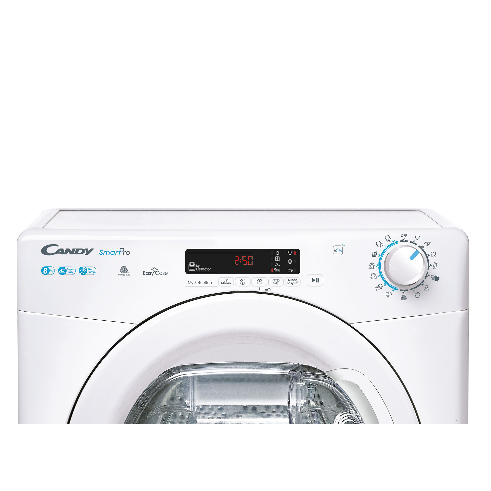 Biała pralka z okrągłymi szklanymi drzwiami, panelem sterowania z wyświetlaczem i przyciskami.