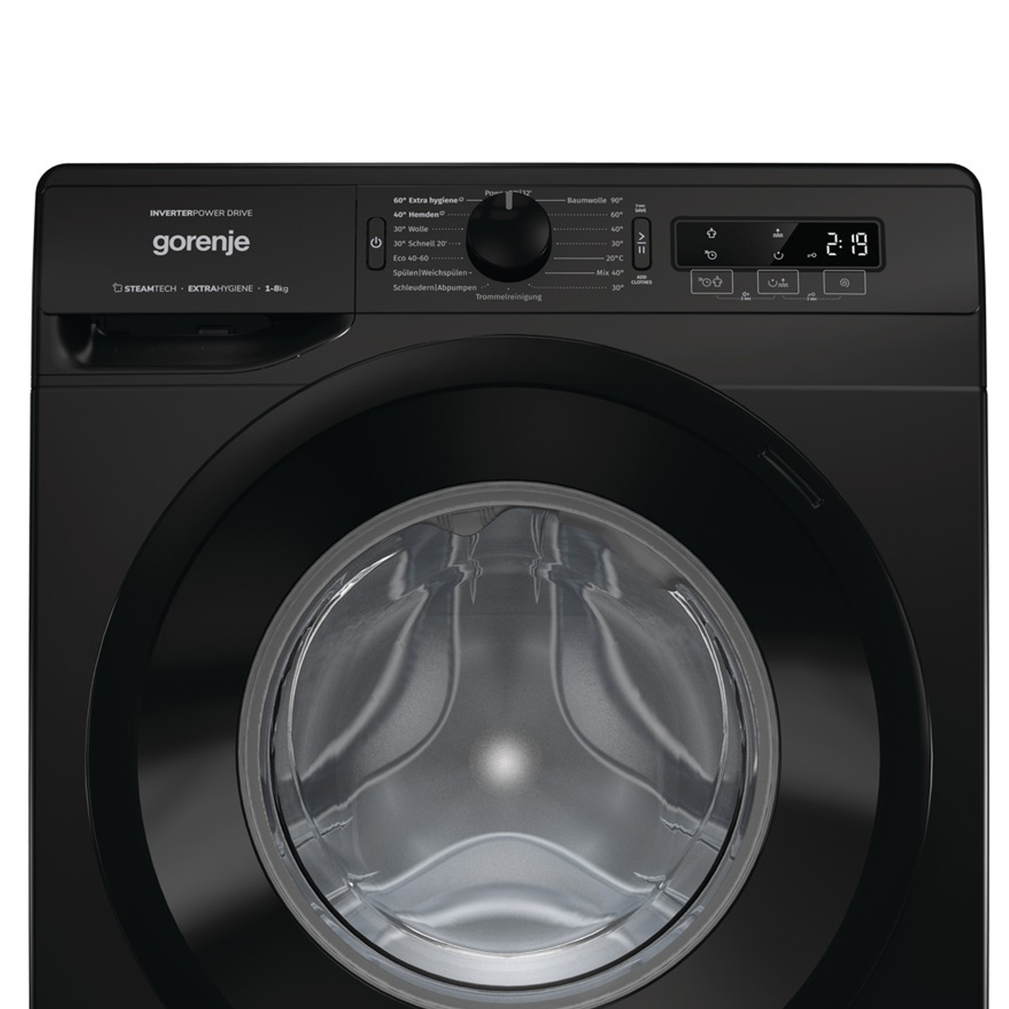 Schwarze Gorenje Waschmaschine mit Frontlader und Bedienelementen oben.
