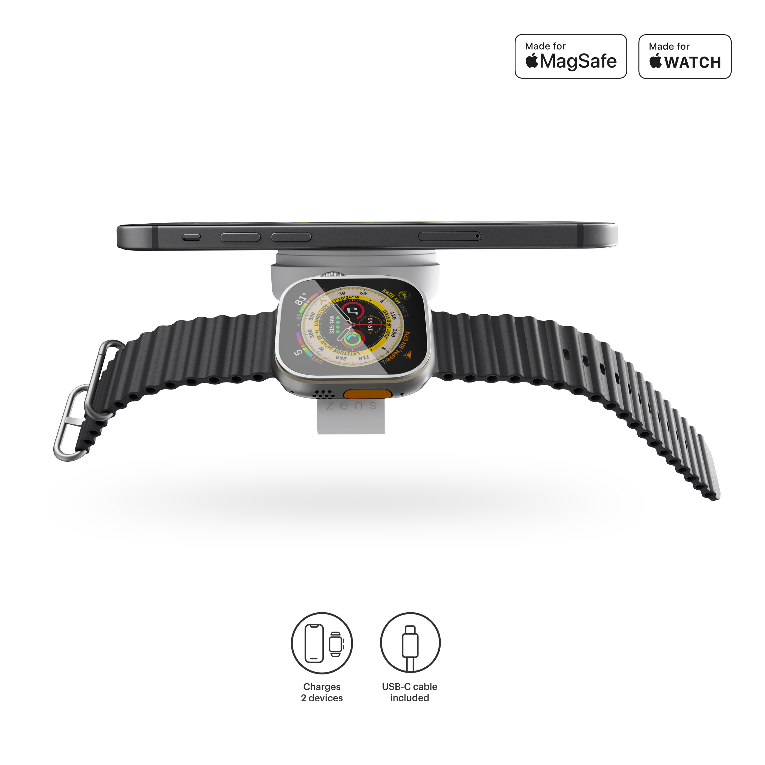 Eine schwarze Smartwatch und ein Telefon auf einem weißen Ladepad.