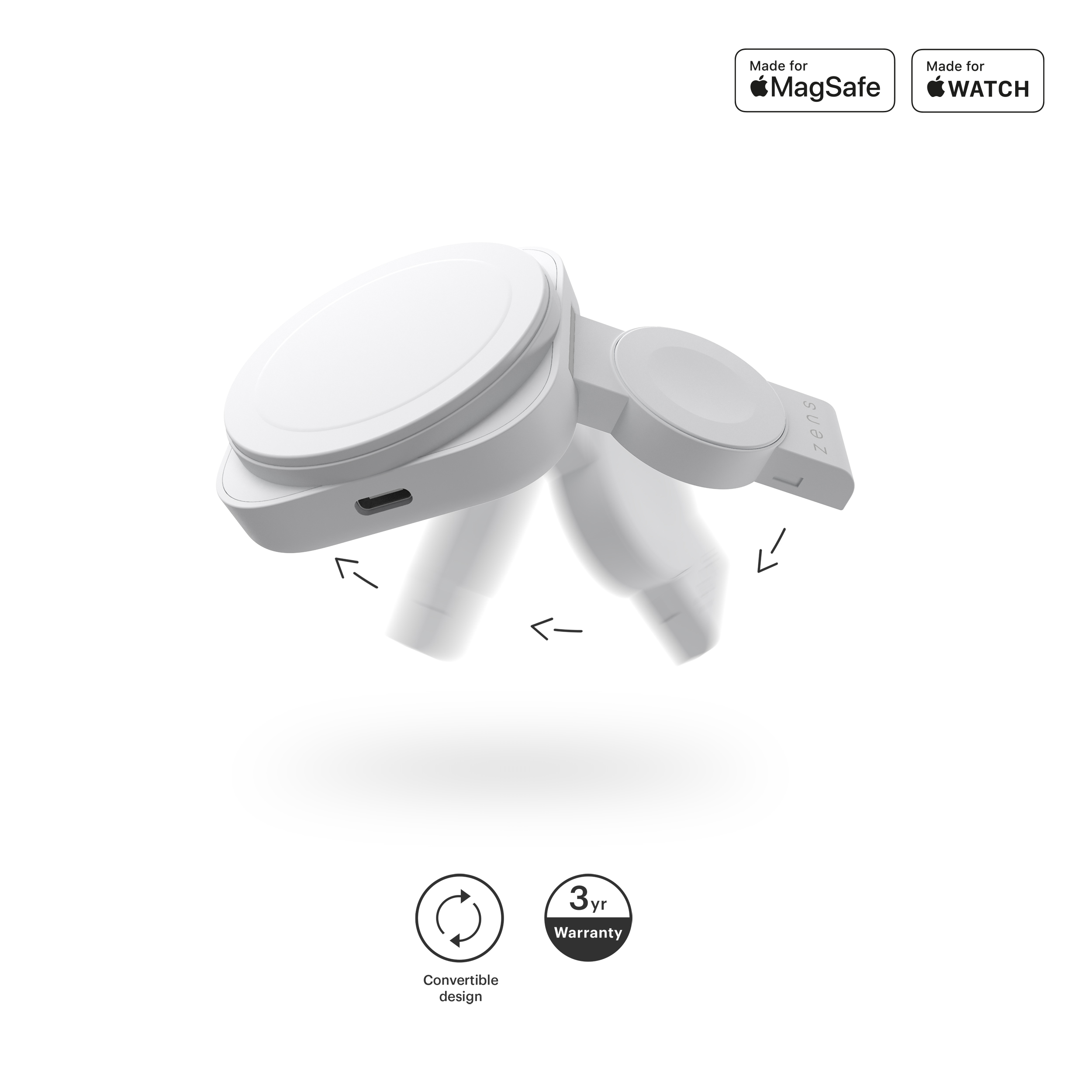Ein weißer magnetischer Ladeständer für Telefon und Uhr, mit convertible Design und Garantieinfo.