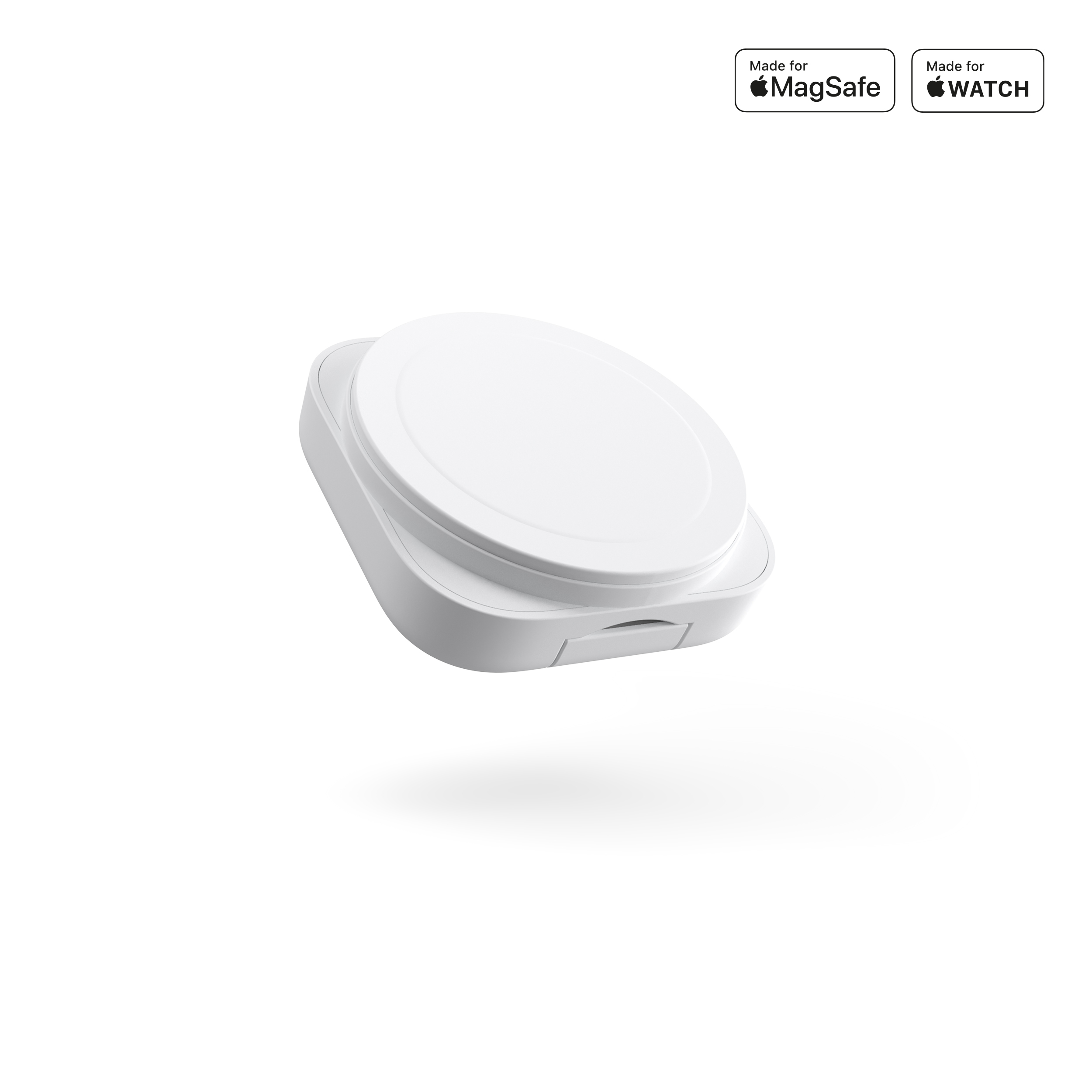 Ein weißes MagSafe-Ladegerät für eine Apple Watch. Es hat einen weißen Hintergrund und schwebt.