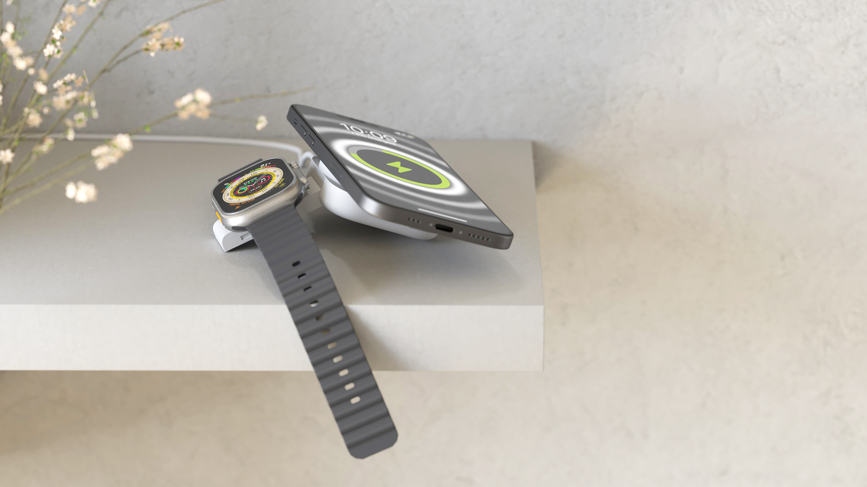 Eine Smartwatch und ein Telefon, die auf einem weißen Ständer aufgeladen werden, mit hellem Hintergrund.