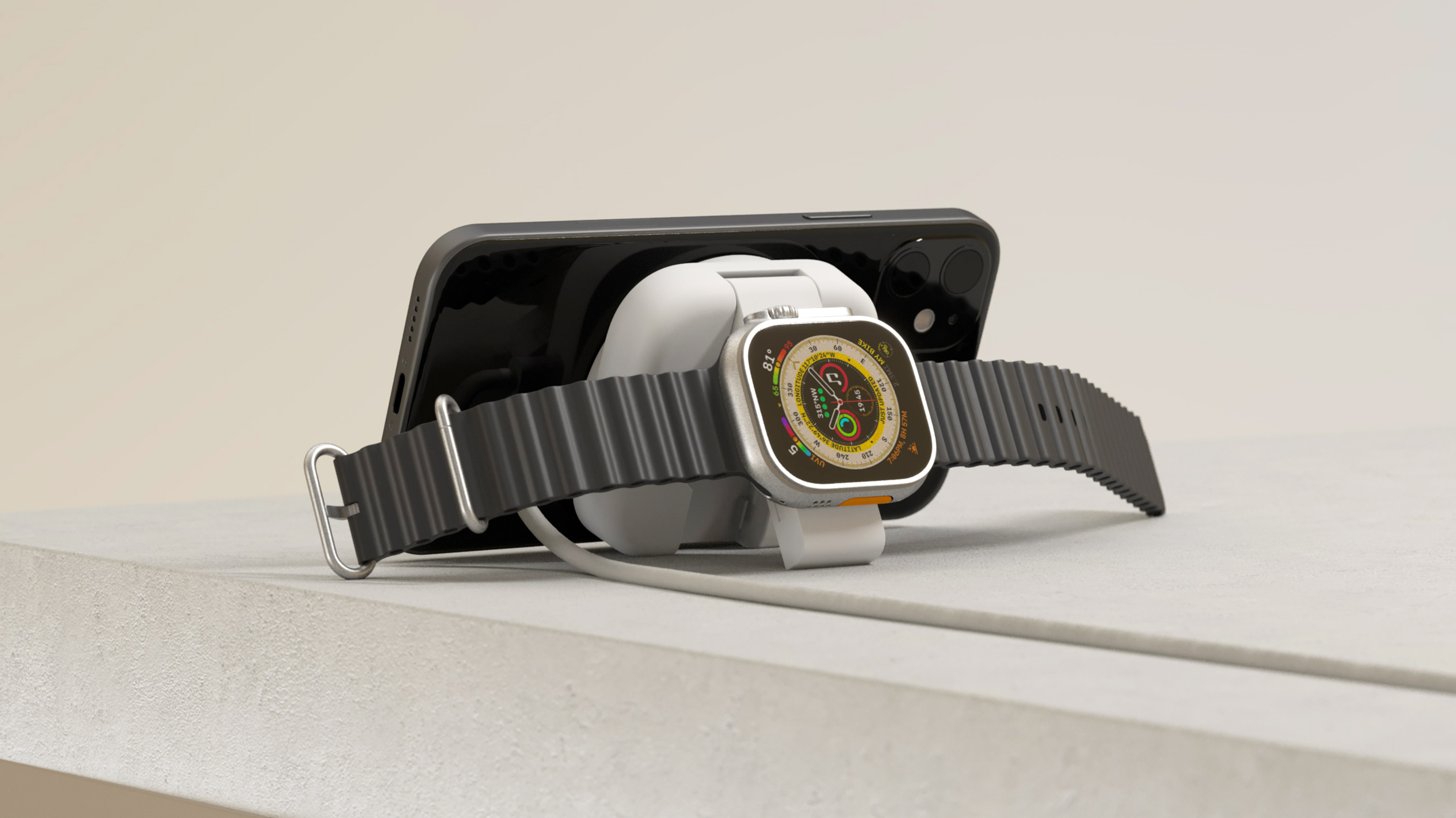 Eine Smartwatch und ein Telefon auf einem Ständer. Die Uhr lädt und hat ein schwarzes Armband.