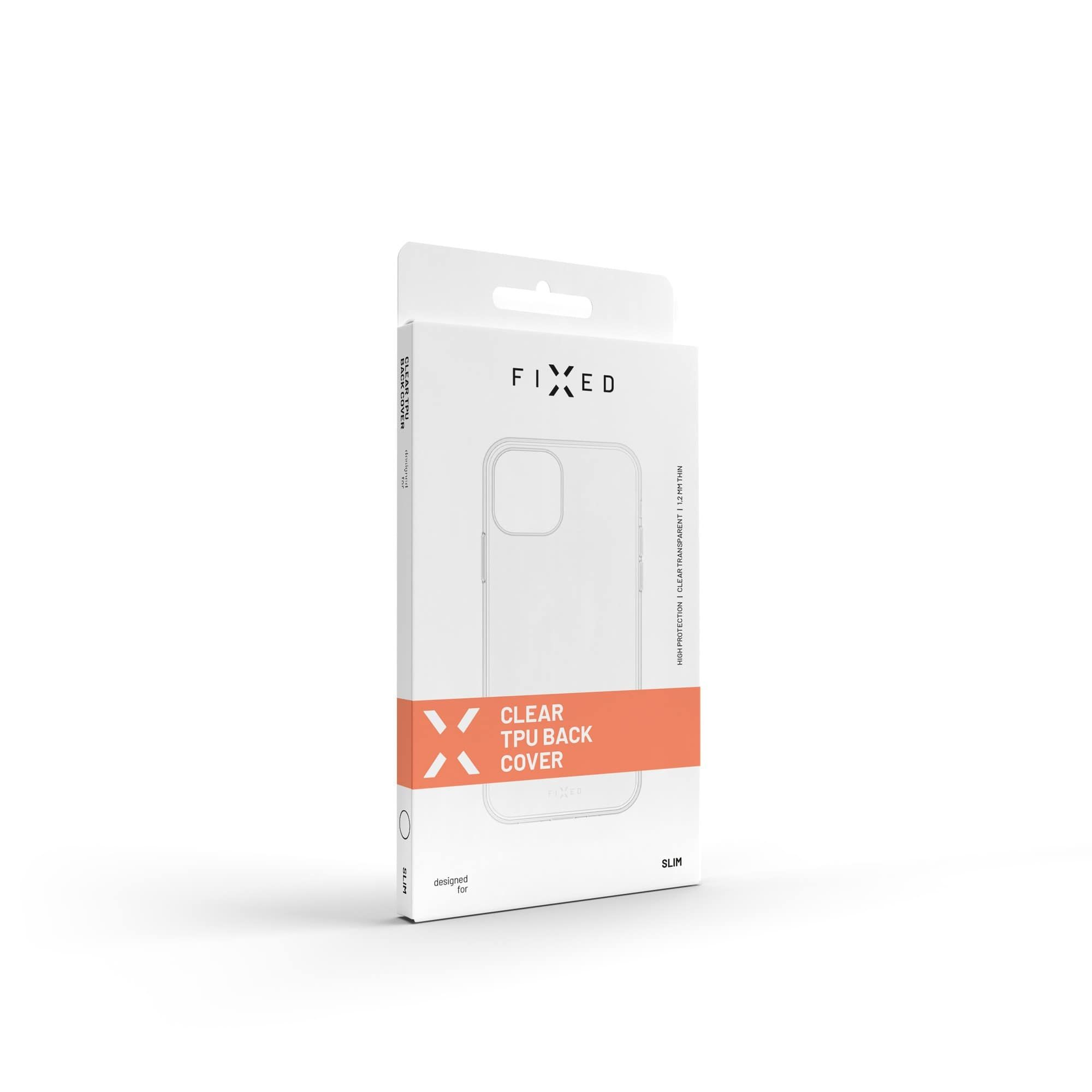 Weiße Schachtel mit klarer Handyhülle. Auf dem orangefarbenen Etikett steht CLEAR TPU BACK COVER.