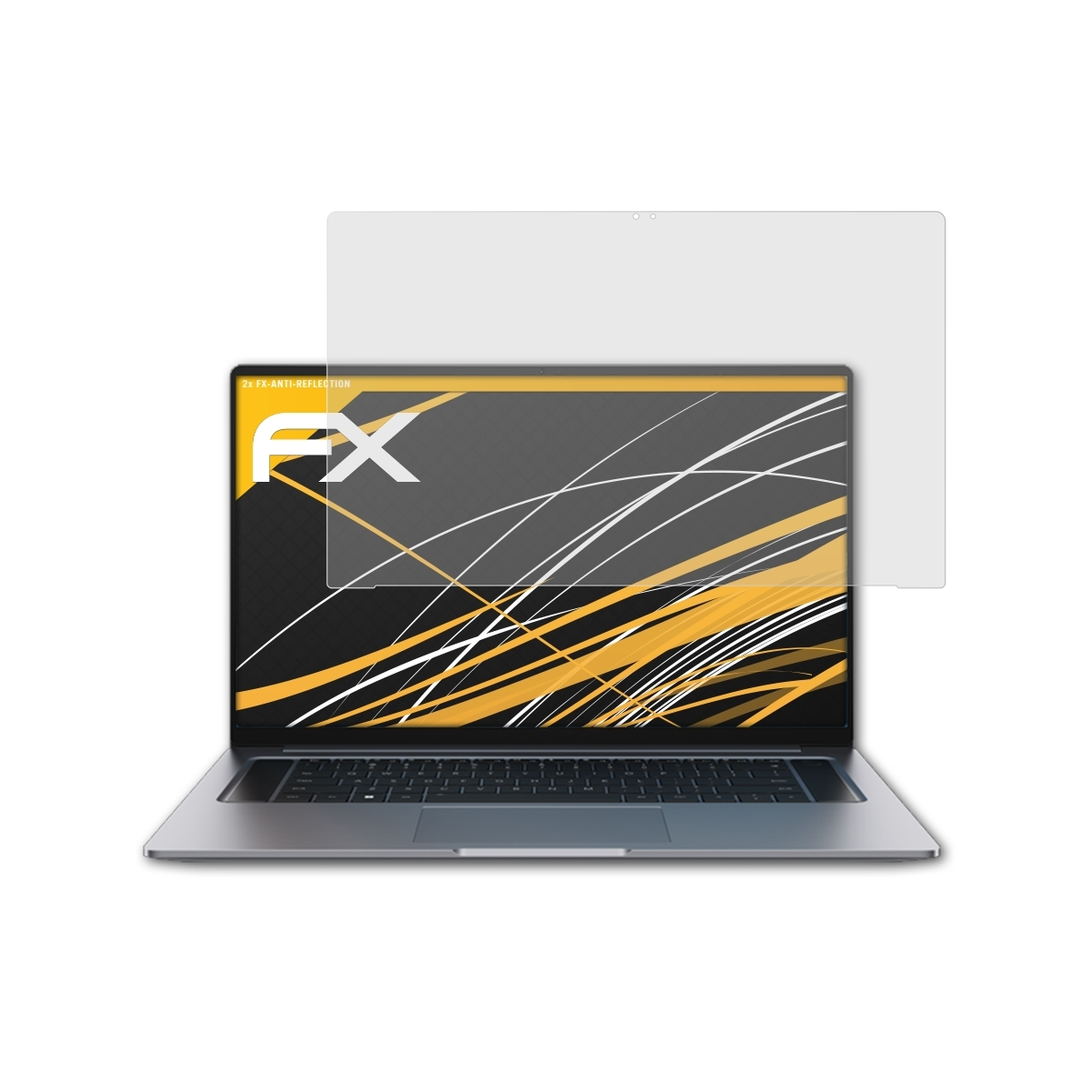 Laptop mit Displayschutz. Der Schutz ist transparent. Tastatur und Bildschirm sichtbar.
