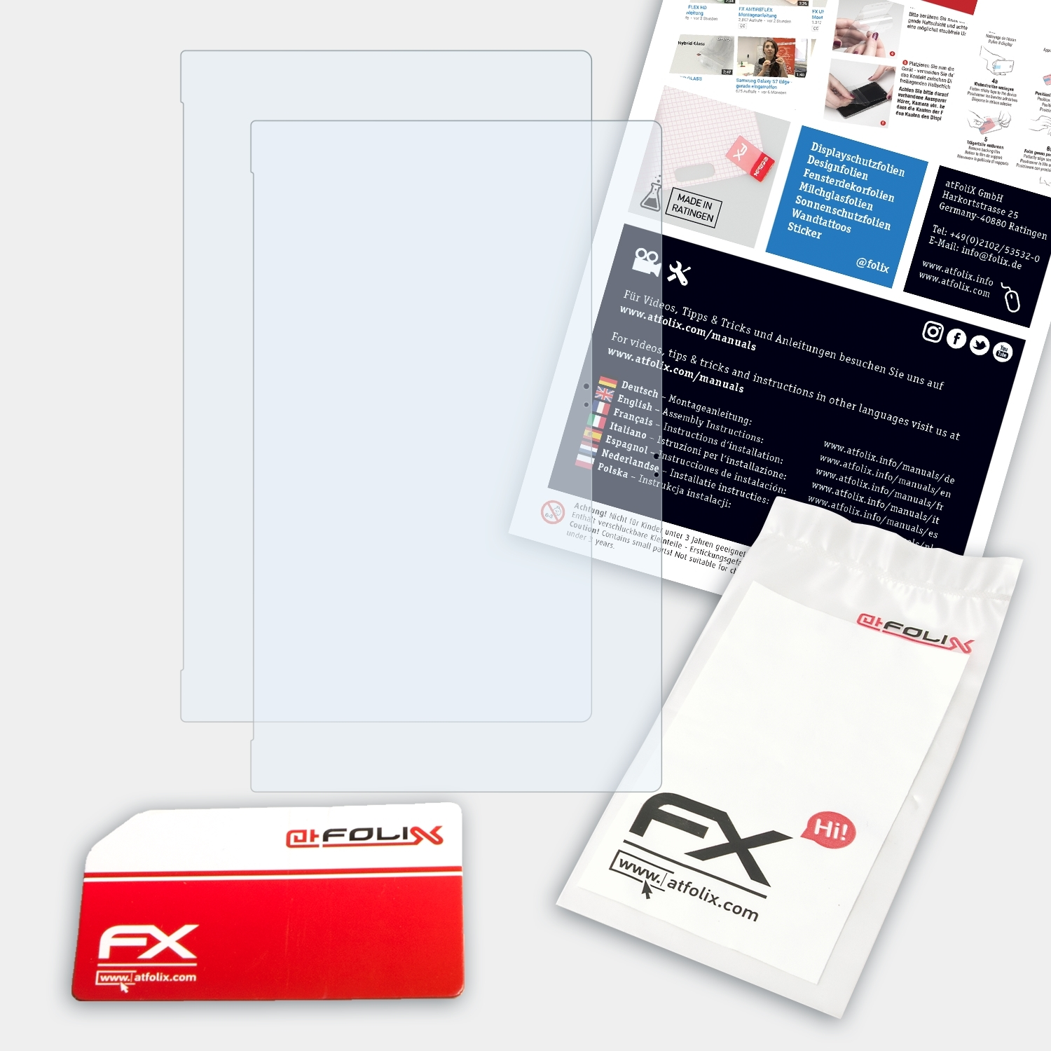 Klare Displayschutzfolie, Verpackung und Anweisungen. Die Folie ist transparent und rechteckig.