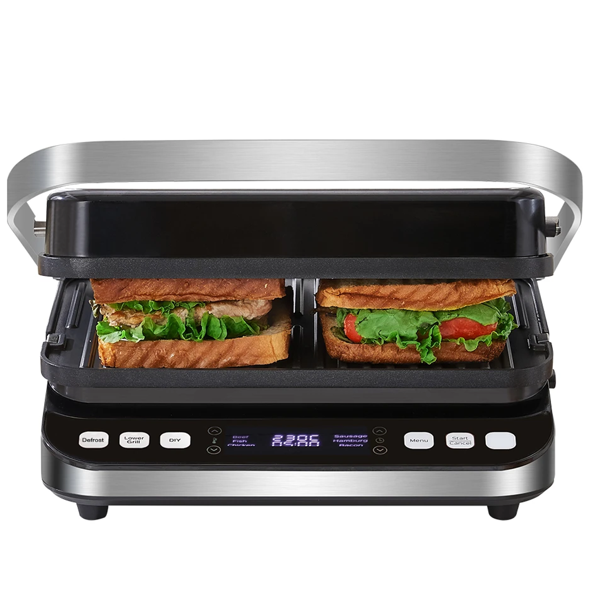 Una sandwichera negra y plateada con dos sándwiches dentro. La máquina tiene una pantalla digital y botones.
