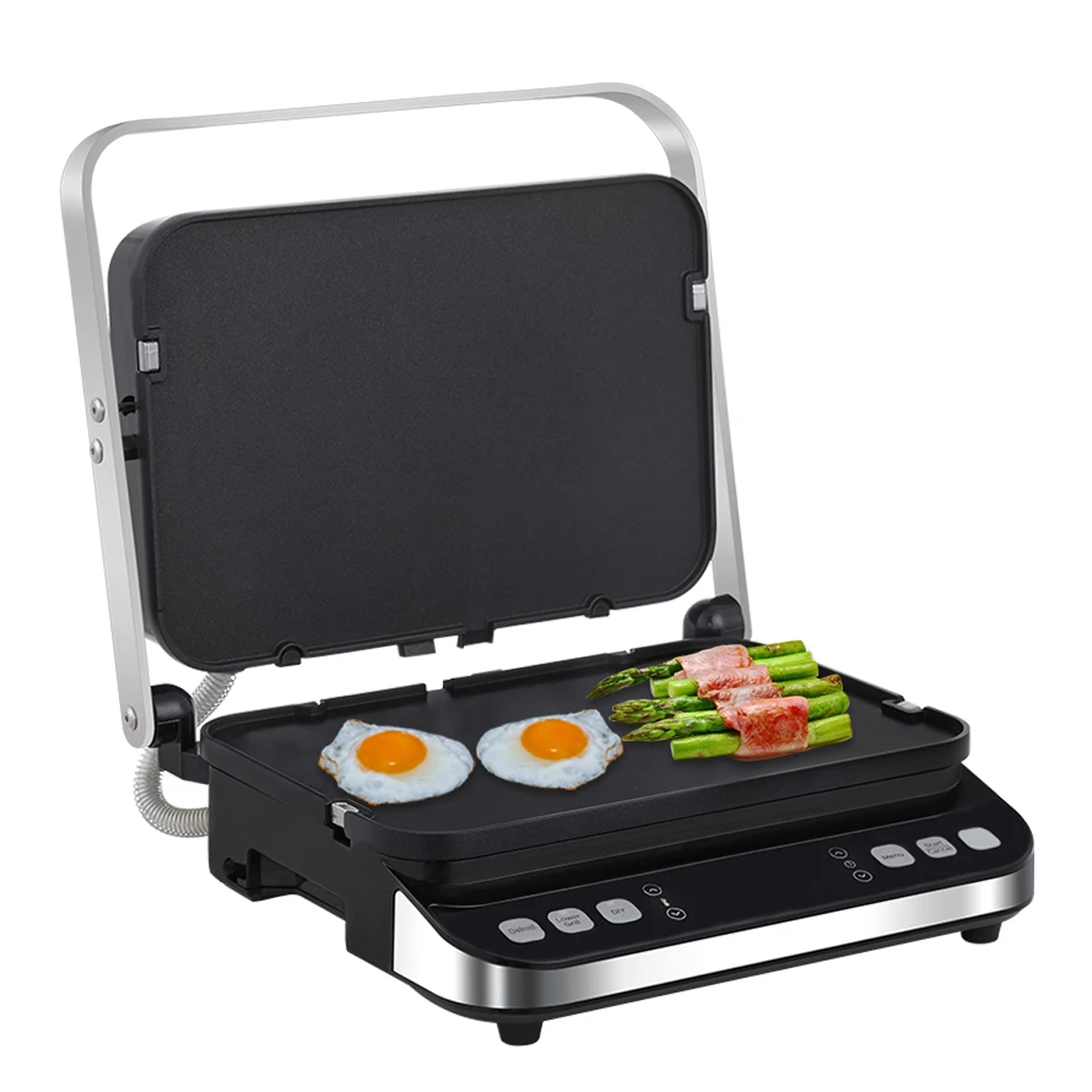 Parrilla eléctrica abierta con huevos, tocino y espárragos. Panel de control visible al frente.