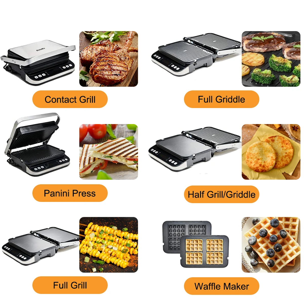Varias parrillas: Contact Grill, Full Griddle, Panini Press, Half Grill/Griddle, Full Grill y Waffle Maker.