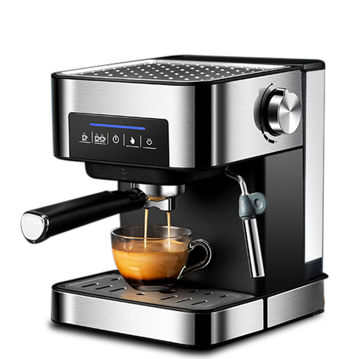 Máquina de espresso de acero inoxidable con una taza de vidrio llenándose de café.
